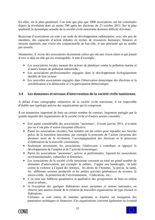 En effet, sur le plan quantitatif, l’on note que plus que 2000 associations ont été constituées 
depuis la révolution dont au moins 700 après les élections du 23 octobre 2011. Sur le plan 
qualitatif, la dynamique actuelle de la société civile tunisienne demeure difficile d'évaluer. 
Beaucoup d’associations en sont à un stade de développement rudimentaire, avec très peu de 
membres, des capacités d’action réduites en termes de ressources humaines, finances et 
moyens matériels, une vision très conjoncturelle de leur rôle, et une pérennité qui ne semble 
pas assurée. 
Néanmoins, il existe des associations récemment créées qui ont une vision claire et qui jouent 
d’ores et déjà un rôle qui est remarquable. A titre d’exemple : 
• Les associations locales menant des actions de plaidoyer contre la pollution marine et 
d’autres formes de pollution industrielle ; 
• Les associations professionnelles engagées dans le développement écologiquement 
12 
durable de leur secteur. 
• Les nouvelles associations engagées dans l'observation domestique des élections et la 
sensibilisation à la démocratie et à la participation démocratique; 
3.4 Les domaines et niveaux d’intervention de la société civile tunisienne. 
A défaut d’une cartographie exhaustive de la société civile tunisienne, il est impossible 
d’établir une typologie précise des organisations qui la composent. 
Il est néanmoins important de faire un certain nombre de constats, largement partagés par la 
grande majorité des organisations de la société civile et d'autres acteurs consultés : 
• Une partie considérable des associations "anciennes", d’avant janvier 2011, n’avaient 
pas ou n’ont plus d’action citoyenne effective; 
• Parmi les associations récentes, bon nombre ont été créées pour répondre aux besoins 
précis de la transition tunisienne, par exemple la poursuite de l’action citoyenne des 
premiers mois de la révolution, l’accompagnement des élections et le processus 
d’élaboration de la nouvelle constitution; 
• Seulement récemment, les associations s'intéressent à contribuer et appuyer le 
développement de l’emploi et de l’activité économique; 
• Parmi les associations "anciennes", actives et performantes, figurent les associations 
environnementales, culturelles et féminines; 
• Les associations de la société civile tunisienne couvrent au total un grand nombre de 
domaines d’intervention, par exemple: la culture, l’appui aux handicapés, la lutte 
contre la violence à l’égard des femmes, les droits de l’homme, la presse, la santé, 
les différents secteurs productifs et les petites activités génératrices de revenus, le 
micro-crédit, la protection de l’environnement, l’éducation, etc.; 
• L’on note une faiblesse quantitative et qualitative des groupements de base en milieu 
rural et urbain ; 
• A l'exception des quelques fédérations assez anciennes et surtout nationales, on 
observe une amorce timide de la création de nouvelles organisations de type réseaux et 
fédérations. 
Certaines se sont créées de manière spontanée et d'autres sur instigation des 
partenaires techniques et financiers. Ces organisations couvrent également un éventail 
 