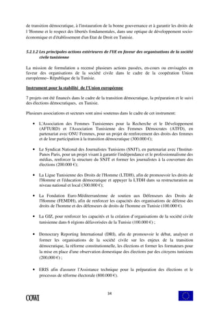 de transition démocratique, à l'instauration de la bonne gouvernance et à garantir les droits de 
l 'Homme et le respect des libertés fondamentales, dans une optique de développement socio-économique 
et d'établissement d'un Etat de Droit en Tunisie. 
5.2.1.2 Les principales actions extérieures de l’UE en faveur des organisations de la société 
34 
civile tunisienne 
La mission de formulation a recensé plusieurs actions passées, en-cours ou envisagées en 
faveur des organisations de la société civile dans le cadre de la coopération Union 
européenne– République de la Tunisie. 
Instrument pour la stabilité de l'Union européenne 
7 projets ont été financés dans le cadre de la transition démocratique, la préparation et le suivi 
des élections démocratiques, en Tunisie. 
Plusieurs associations et secteurs sont ainsi soutenus dans le cadre de cet instrument: 
• L'Association des Femmes Tunisiennes pour la Recherche et le Développement 
(AFTURD) et l'Association Tunisienne des Femmes Démocrates (ATFD), en 
partenariat avec ONU Femmes, pour un projet de renforcement des droits des femmes 
et de leur participation à la transition démocratique (300.000 €); 
• Le Syndicat National des Journalistes Tunisiens (SNJT), en partenariat avec l'Institut- 
Panos Paris, pour un projet visant à garantir l'indépendance et le professionnalisme des 
médias, renforcer la structure du SNJT et former les journalistes à la couverture des 
élections (200.000 €); 
• La Ligue Tunisienne des Droits de l'Homme (LTDH), afin de promouvoir les droits de 
l'Homme et l'éducation démocratique et appuyer la LTDH dans sa restructuration au 
niveau national et local (300.000 €); 
• La Fondation Euro-Méditerranéenne de soutien aux Défenseurs des Droits de 
l'Homme (FEMDH), afin de renforcer les capacités des organisations de défense des 
droits de l'homme et des défenseurs de droits de l'homme en Tunisie (100.000 €). 
• La GIZ, pour renforcer les capacités et la création d’organisations de la société civile 
tunisienne dans 6 régions défavorisées de la Tunisie (100.000 €) ; 
• Democrary Reporting International (DRI), afin de promouvoir le débat, analyser et 
former les organisations de la société civile sur les enjeux de la transition 
démocratique, la réforme constitutionnelle, les élections et former les formateurs pour 
la mise en place d'une observation domestique des élections par des citoyens tunisiens 
(200,000 €) ; 
• ERIS afin d'assurer l'Assistance technique pour la préparation des élections et le 
processus de réforme électorale (800.000 €). 
 