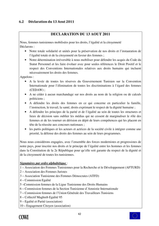 42 
6.2 Déclaration du 13 Aout 2011 
DECLARATION DU 13 AOUT 2011 
Nous, femmes tunisiennes mobilisées pour les droits, l’égalité et la citoyenneté 
Déclarons : 
• Notre totale solidarité et unités pour la préservation de nos droits et l’instauration de 
l’égalité totale et de la citoyenneté en faveur des femmes ; 
• Notre détermination irréversible à nous mobiliser pour défendre les acquis du Code du 
Statut Personnel et les faire évoluer avec pour seules références le Droit Positif et le 
respect des Conventions Internationales relatives aux droits humains qui incluent 
nécessairement les droits des femmes. 
Appelons : 
• A la levée de toutes les réserves du Gouvernement Tunisien sur la Convention 
Internationale pour l’élimination de toutes les discriminations à l’égard des femmes 
(CEDAW) ; 
• A ne céder à aucun marchandage sur nos droits au nom de la religion ou de calculs 
politiciens ; 
• A défendre les droits des femmes en ce qui concerne en particulier la famille, 
l’instruction, le travail, la santé, droits exprimant le respect de la dignité humaine ; 
• A défendre les principes de la parité et de l’égalité au sein de toutes les structures et 
lieux de décision sans oublier les médias qui ne cessent de marginaliser le rôle des 
femmes et de les tourner en dérision en dépit de leurs compétences qui les placent en 
tête de la réussite aux concours nationaux ; 
• les partis politiques et les acteurs et actrices de la société civile à intégrer comme une 
priorité, la défense des droits des femmes au sein de leurs programmes. 
Nous nous considérons engagées, avec l’ensemble des forces modernistes et progressistes de 
notre pays, pour inscrire nos droits et le principe de l’égalité entre les hommes et les femmes 
dans la Constitution de la 2e République pour qu’elle soit garante du respect de la dignité et 
de la citoyenneté de toutes les tunisiennes. 
Signataires par ordre alphabétique : 
1 – Association des Femmes Tunisiennes pour la Recherche et le Développement (AFTURD) 
2 – Association des Femmes Juristes 
3 – Association Tunisienne des Femmes Démocrates (ATFD) 
4 – Commission Egalité 
5 –Commission femmes de la Ligue Tunisienne des Droits Humains 
6 – Commission femmes de la Section Tunisienne d’Amnistie Internationale 
7 – Commission femmes de l’Union Générale des Travailleurs Tunisiens 
8 – Collectif Maghreb Egalité 95 
9 – Egalité et Parité (association) 
10 – Engagement Citoyen (association) 
 