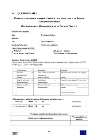 46 
6.4 QUESTIONNAIRE 
FORMULATION D’UN PROGRAMME D’APPUI A LA SOCIETE CIVILE EN TUNISIE 
(UNION EUROPEENNE) 
QUESTIONNAIRE « ORGANISATION DE LA SOCIETE CIVILE » 
Dénomination de l’OSC : 
Sigle : Année de création : 
Adresse : 
Tél : E.mail / site web : 
Nombre d’adhérents : Personne à contacter : 
Zones d’intervention de l’OSC : 
 National  Régional - Région : 
 Local rural - Ville/localité : Local urbain - Ville/quartier : 
Domaines d’intervention de l’OSC 
Préciser parmi les domaines d’intervention suivants, les principaux domaines d’intervention de l’OSC: 
(mettez 1 ,2 ,3 … selon l’ordre de priorité) 
Droits humains Agriculture Jeunesse 
Education et 
Lutte contre la corruption - 
alphabétisation 
transparence 
Micro-finance et promotion de l’emploi 
Femmes Santé et nutrition Sports 
Sécurité alimentaire et 
Hydraulique et 
secours d’urgence 
assainissement 
Nouvelles technologies de l’Information 
Enfants et famille Education citoyenne Défense des consommateurs 
Handicapés Environnement Autres : ………………………….. 
………………………… 
………………………………… 
………………………………….. 
L’OSC appartient-t-elle à des réseaux, fédérations, plates-formes …… 
….. nationaux ?  non  oui Le(s)quel(s) ? 
………………………………………………………………………………. 
…… internationaux ?  non  oui Le(s)quel(s) ? 
………………………………………………………………………………. 
Principales activités réalisés ces 3 dernières années 
Intitulé ou très brève description 
Principaux bailleurs 
de fonds 
 