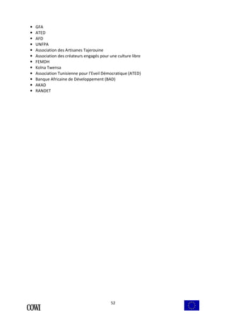52 
• GFA 
• ATED 
• AFD 
• UNFPA 
• Association des Artisanes Tajerouine 
• Association des créateurs engagés pour une culture libre 
• FEMDH 
• Kolna Twensa 
• Association Tunisienne pour l’Eveil Démocratique (ATED) 
• Banque Africaine de Développement (BAD) 
• AKAD 
• RANDET 
 