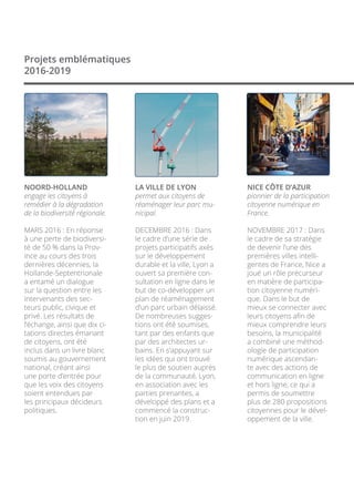 NOORD-HOLLAND
engage les citoyens à
remédier à la dégradation
de la biodiversité régionale.
MARS 2016 : En réponse
à une perte de biodiversi-
té de 50 % dans la Prov-
ince au cours des trois
dernières décennies, la
Hollande-Septentrionale
a entamé un dialogue
sur la question entre les
intervenants des sec-
teurs public, civique et
privé. Les résultats de
l’échange, ainsi que dix ci-
tations directes émanant
de citoyens, ont été
inclus dans un livre blanc
soumis au gouvernement
national, créant ainsi
une porte d’entrée pour
que les voix des citoyens
soient entendues par
les principaux décideurs
politiques.
NICE CÔTE D’AZUR
pionnier de la participation
citoyenne numérique en
France.
NOVEMBRE 2017 : Dans
le cadre de sa stratégie
de devenir l’une des
premières villes intelli-
gentes de France, Nice a
joué un rôle précurseur
en matière de participa-
tion citoyenne numéri-
que. Dans le but de
mieux se connecter avec
leurs citoyens afin de
mieux comprendre leurs
besoins, la municipalité
a combiné une méthod-
ologie de participation
numérique ascendan-
te avec des actions de
communication en ligne
et hors ligne, ce qui a
permis de soumettre
plus de 280 propositions
citoyennes pour le dével-
oppement de la ville.
LA VILLE DE LYON
permet aux citoyens de
réaménager leur parc mu-
nicipal.
DECEMBRE 2016 : Dans
le cadre d’une série de
projets participatifs axés
sur le développement
durable et la ville, Lyon a
ouvert sa première con-
sultation en ligne dans le
but de co-développer un
plan de réaménagement
d’un parc urbain délaissé.
De nombreuses sugges-
tions ont été soumises,
tant par des enfants que
par des architectes ur-
bains. En s’appuyant sur
les idées qui ont trouvé
le plus de soutien auprès
de la communauté, Lyon,
en association avec les
parties prenantes, a
développé des plans et a
commencé la construc-
tion en juin 2019.
Projets emblématiques
2016-2019
 