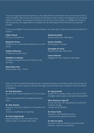 Chloe Pahud
PDG et co-fondatrice
Benjamin Snow
Président du conseil d’administration et co-fon-
dateur
Sophie Delannoy
Chargée de projet Senior
Madeline Le Botlan
Chargée de projet Senior et Protection des
données
Maximilien Ami
Responsable Pays, France
M. Tom Brammar
Associé chez Premia Capital et CTO chez Stack-
in’
Conseils d’ordre général et stratégie de finance-
ment
M. Atte Anema
Directeur chez Daro Digital et co-fondateur de
LAB15
Finances, modélisation et reporting
M. Paul Suijkerbuijk
Associé fondateur de The Green Land
Secteur public et conseiller Open Data
Roland Greifeld
Responsable Pays, Allemagne
Johann Kaehlin
Développeur Principal
Giuseppe di Lecce
Responsable des Opérations
Leona Hansen
Engagement des Citoyens, Allemagne
M. Ingo Juraske
Ancien VP du secteur public chez HP et ATOS
Stratégie secteur public et conseils d’ordre général
Mme Ramona Liberoff
Ancien directeur de l’exploitation du pôle d’in-
novation Innogy
Conseils d’ordre général
M. Pieter Kuile
Directeur chez BlackBearCarbon
Conseils d’ordre général et financier
Dr Marcus Opitz
Directeur chez OP Advisory Services Gmbh
Finances, contrôle et surveillance
Civocracy regroupe des entrepreneurs, des spécialistes de l’animation de communauté et de la
communication, des juristes, des experts en politique et des profils technologiques, et est basée
à Berlin. Ensemble, nous avons de l’expérience dans le secteur public, la stratégie d’innovation
des entreprises, les organisations européennes de développement et les start-up à grande
échelle.
Civocracy privilégie l’inclusion et l’autonomisation, et utilise donc la gouvernance participative en
interne.
Notre conseil consultatif international est composé d’experts et de leaders des secteurs des en-
treprises, du secteur public et de la technologie, qui fournissent des conseils et une orientation
stratégique.
 