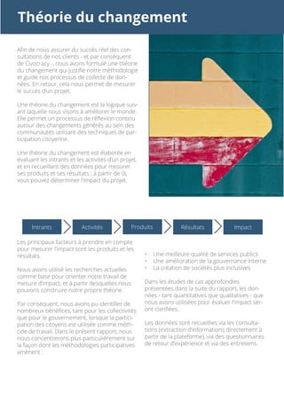 •	 Une meilleure qualité de services publics
•	 Une amélioration de la gouvernance interne
•	 La création de sociétés plus inclusives
Dans les études de cas approfondies
présentées dans la suite du rapport, les don-
nées - tant quantitatives que qualitatives - que
nous avons utilisées pour évaluer l’impact ser-
ont clarifiées.
Les données sont recueillies via les consulta-
tions (extraction d’informations directement à
partir de la plateforme), via des questionnaires
de retour d’expérience et via des entretiens.
Afin de nous assurer du succès réel des con-
sultations de nos clients - et par conséquent
de Civocracy -, nous avons formulé une théorie
du changement qui justifie notre méthodologie
et guide nos processus de collecte de don-
nées. En retour, cela nous permet de mesurer
le succès d’un projet.
Une théorie du changement est la logique suiv-
ant laquelle nous visons à améliorer le monde.
Elle permet un processus de réflexion continu
autour des changements générés au sein des
communautés utilisant des techniques de par-
ticipation citoyenne.
Une théorie du changement est élaborée en
évaluant les intrants et les activités d’un projet,
et en recueillant des données pour mesurer
ses produits et ses résultats ; à partir de là,
vous pouvez déterminer l’impact du projet.
Les principaux facteurs à prendre en compte
pour mesurer l’impact sont les produits et les
résultats.
Nous avons utilisé les recherches actuelles
comme base pour orienter notre travail de
mesure d’impact, et à partir desquelles nous
pouvons construire notre propre théorie.
Par conséquent, nous avons pu identifier de
nombreux bénéfices, tant pour les collectivités
que pour le gouvernement, lorsque la partici-
pation des citoyens est utilisée comme méth-
ode de travail. Dans le présent rapport, nous
nous concentrerons plus particulièrement sur
la façon dont les méthodologies participatives
amènent :
Théorie du changement
Intrants Activités Produits Résultats Impact
 