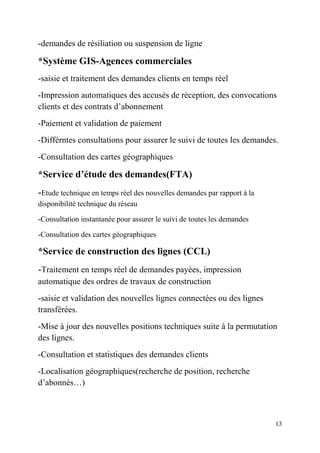 13
-demandes de résiliation ou suspension de ligne
*Système GIS-Agences commerciales
-saisie et traitement des demandes clients en temps réel
-Impression automatiques des accusés de réception, des convocations
clients et des contrats d’abonnement
-Paiement et validation de paiement
-Différntes consultations pour assurer le suivi de toutes les demandes.
-Consultation des cartes géographiques
*Service d’étude des demandes(FTA)
-Etude technique en temps réel des nouvelles demandes par rapport à la
disponibilité technique du réseau
-Consultation instantanée pour assurer le suivi de toutes les demandes
-Consultation des cartes géographiques
*Service de construction des lignes (CCL)
-Traitement en temps réel de demandes payées, impression
automatique des ordres de travaux de construction
-saisie et validation des nouvelles lignes connectées ou des lignes
transférées.
-Mise à jour des nouvelles positions techniques suite à la permutation
des lignes.
-Consultation et statistiques des demandes clients
-Localisation géographiques(recherche de position, recherche
d’abonnés…)
 