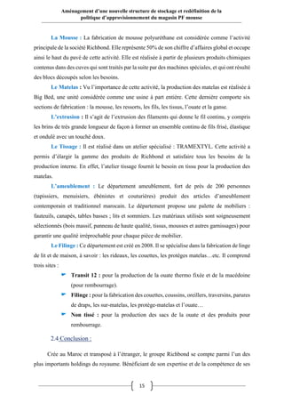 15
Aménagement d’une nouvelle structure de stockage et redéfinition de la
politique d’approvisionnement du magasin PF mousse
La Mousse : La fabrication de mousse polyuréthane est considérée comme l’activité
principale de la société Richbond. Elle représente 50% de son chiffre d’affaires global et occupe
ainsi le haut du pavé de cette activité. Elle est réalisée à partir de plusieurs produits chimiques
contenus dans des cuves qui sont traités par la suite par des machines spéciales, et qui ont résulté
des blocs découpés selon les besoins.
Le Matelas : Vu l’importance de cette activité, la production des matelas est réalisée à
Big Bed, une unité considérée comme une usine à part entière. Cette dernière comporte six
sections de fabrication : la mousse, les ressorts, les fils, les tissus, l’ouate et la ganse.
L’extrusion : Il s’agit de l’extrusion des filaments qui donne le fil continu, y compris
les brins de très grande longueur de façon à former un ensemble continu de fils frisé, élastique
et ondulé avec un touché doux.
Le Tissage : Il est réalisé dans un atelier spécialisé : TRAMEXTYL. Cette activité a
permis d’élargir la gamme des produits de Richbond et satisfaire tous les besoins de la
production interne. En effet, l’atelier tissage fournit le besoin en tissu pour la production des
matelas.

L’ameublement : Le département ameublement, fort de près de 200 personnes
(tapissiers, menuisiers, ébénistes et couturières) produit des articles d’ameublement
contemporain et traditionnel marocain. Le département propose une palette de mobiliers :
fauteuils, canapés, tables basses ; lits et sommiers. Les matériaux utilisés sont soigneusement
sélectionnés (bois massif, panneau de haute qualité, tissus, mousses et autres garnissages) pour
garantir une qualité irréprochable pour chaque pièce de mobilier.

Le Filinge : Ce département est créé en 2008. Il se spécialise dans la fabrication de linge
de lit et de maison, à savoir : les rideaux, les couettes, les protèges matelas…etc. Il comprend
trois sites :

Transit 12 : pour la production de la ouate thermo fixée et de la macédoine
(pour rembourrage).
Filinge : pour la fabrication des couettes, coussins, oreillers, traversins, parures
de draps, les sur-matelas, les protège-matelas et l’ouate…
Non tissé : pour la production des sacs de la ouate et des produits pour
rembourrage.

2.4 Conclusion :
Crée au Maroc et transposé à l’étranger, le groupe Richbond se compte parmi l’un des
plus importants holdings du royaume. Bénéficiant de son expertise et de la compétence de ses
 