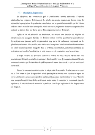 18
Aménagement d’une nouvelle structure de stockage et redéfinition de la
politique d’approvisionnement du magasin PF mousse
3.2.2 Description du processus
La réception des commandes par le planificateur interne représente l’élément
déclencheur du processus de traitement des articles au sein du magasin, ce dernier essaie de
construire le programme de production en se basent sur la quantité commandée par les clients
et l’état actuel du stock dans le magasin, puis il envoie ce programme au service de production
qui doit le réaliser dans une durée qui ne dépasse pas une journée de travail.
Apres la fin du processus de production, les articles sont envoyés au magasin et
réceptionnés par les agents d'entrés, ces derniers font un contrôle quantitatif et qualitatifs sur
les articles pour s'assurer qu'ils correspondent à ce qui a été réellement commandé par le
planificateur interne, si les articles sont conformes, les agents d’entrée autorisent leurs entrés et
ils seront automatiquement enregistré dans le système d’information, dans le cas contraire les
articles seront interdit d’entrés et par la suite renvoyer à la production pour le recyclage.
L’étape suivante du processus consiste à mettre en stock chaque article dans son
emplacement désigné, ensuite les préparateurs distribuant les bons de chargement aux différents
manutentionnaires qui doivent faire le picking des articles en fonction de ce qui est mentionné
sur le bon,
Quand le manutentionnaire termine la préparation de son ordre de chargement et avant
de le faire sortir au quai d’expédition, il doit passer par la douane dans laquelle un agent de
sortie vérifie si les articles correspondent réellement à ce qui est mentionné sur le bon, s’il existe
une non-conformité il interdit les articles de sortir, sinon il enregistre la commande dans le
système et il autorise la sortie au quai d’expédition, cette étape représente la fin du processus
du magasin.
 