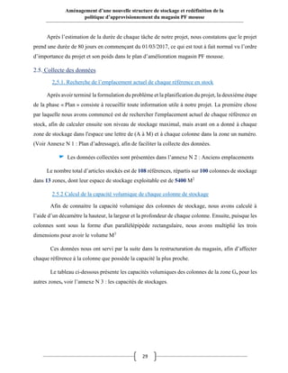 29
Aménagement d’une nouvelle structure de stockage et redéfinition de la
politique d’approvisionnement du magasin PF mousse
Après l’estimation de la durée de chaque tâche de notre projet, nous constatons que le projet
prend une durée de 80 jours en commençant du 01/03/2017, ce qui est tout à fait normal vu l’ordre
d’importance du projet et son poids dans le plan d’amélioration magasin PF mousse.
2.5. Collecte des données
2.5.1. Recherche de l’emplacement actuel de chaque référence en stock
Après avoir terminé la formulation du problème et la planification du projet, la deuxième étape
de la phase « Plan » consiste à recueillir toute information utile à notre projet. La première chose
par laquelle nous avons commencé est de rechercher l'emplacement actuel de chaque référence en
stock, afin de calculer ensuite son niveau de stockage maximal, mais avant on a donné à chaque
zone de stockage dans l'espace une lettre de (A à M) et à chaque colonne dans la zone un numéro.
(Voir Annexe N 1 : Plan d’adressage), afin de faciliter la collecte des données.
Les données collectées sont présentées dans l’annexe N 2 : Anciens emplacements
Le nombre total d’articles stockés est de 108 références, répartis sur 100 colonnes de stockage
dans 13 zones, dont leur espace de stockage exploitable est de 5400 M2
2.5.2 Calcul de la capacité volumique de chaque colonne de stockage
Afin de connaitre la capacité volumique des colonnes de stockage, nous avons calculé à
l’aide d’un décamètre la hauteur, la largeur et la profondeur de chaque colonne. Ensuite, puisque les
colonnes sont sous la forme d'un parallélépipède rectangulaire, nous avons multiplié les trois
dimensions pour avoir le volume M3
Ces données nous ont servi par la suite dans la restructuration du magasin, afin d’affecter
chaque référence à la colonne que possède la capacité la plus proche.
Le tableau ci-dessous présente les capacités volumiques des colonnes de la zone G, pour les
autres zones, voir l’annexe N 3 : les capacités de stockages.
 