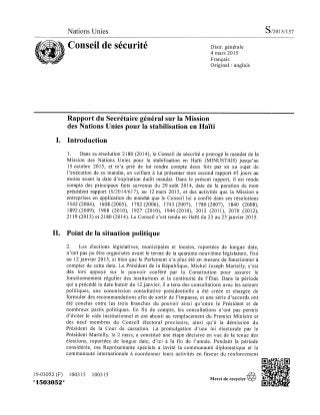 Rapport du Secretaire General Ban Ki-moon sur la Presence de la MINUSTAH En Haiti, Mars 2015 