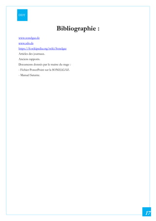 DDT
17
Bibliographie :
www.sonelgaz.dz
www.sdo.dz
https://fr.wikipedia.org/wiki/Sonelgaz
Articles des journaux.
Anciens rapports.
Documents donnés par le maitre du stage :
- Fichier PowerPoint sur la SONELGAZ.
- Manuel Saturne.
 