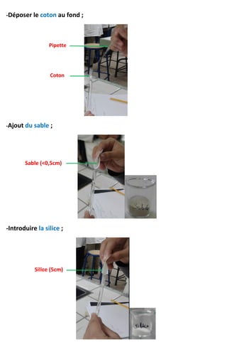 -Déposer le coton au fond ;
-Ajout du sable ;
-Introduire la silice ;
V
Pipette
Coton
Sable (<0,5cm)
Silice (5cm)
 