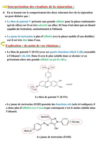 Interprétation des résultats de la séparation :
En se basant sur le comportement des deux colorants lors de la séparation
on peut déduire que :
 Le bleu de patenté V présente une grande affinité pour la phase stationnaire
(gel de silice) car il est très adsorbé au silice. Et l'eau n'est alors pas un éluant
capable de l'entraîner, contrairement à l'éthanol.
 Le jaune de tartrazine a plus d’affinité avec la phase mobile (l’eau distillée)
car il est très élué dans l’eau.
Explication : du point de vue chimique ;
 Le bleu de patenté V (E131) avec ses quatre fonctions éthyle C2H5 ressemble
à l’éthanol C2H5-OH. Donc il sera le plus soluble dans ce dernier et en
présentant alors une grande affinité au gel de silice.
Le bleu de patenté V (E131)
 Le jaune de tartrazine (E102) possède des fonctions sels (sels tri sodiques), il
a donc plus d’affinité avec l’eau et par conséquent c’est le moins soluble dans
l’éthanol.
Le jaune de tartrazine (E102)
 