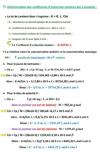7) Détermination des coefficients d’extinction molaires des 2 produits :
 La loi de Lambert-Beer s’exprime : A = ԑ. L. Cm
- A : absorbance ou densité optique de la solution traversée ;
- ԑ : Coefficient d’extinction molaire en L. Mol-1 .cm-1 ;
-C : Concentration molaire de la solution traversée en Mol/L ;
-L : Longueur de la cuve égale à 1cm ;
Le Coefficient d’extinction molaire : £=A/Cm. L
 La relation entre la concentration molaire et la concentration massique
est : C pondérale (massique) = M x C molaire
Pour le jaune de tartrazine :
 On a : DO =1 ; Cp=15 mg / L et M=534,363 ± 0,027 g/mol
Cm = Cp / M = (15x10-3) / 534,363 =2,80 x 10-5 mol /l
Alors : £=A/Cm. L = 1/ 2,80 x 10-5 x 1 = 35714,28 L.mol-1.cm-1
Donc : £= A/Cm. L = 35714,28 L.mol-1.cm-1
Pour le bleu de patenté V :
 On a : Cp=36 mg / L et DO= 0,2
- Dans le premier cas (sel de Sodium) : M = 582,66 g/mol
Cm = Cp / M = (36x10-3) / 582,66 =6,17 x 10-5 mol /l
Alors : £=A/Cm. L = 0,2/ 6,17x 10-5 x 1 = 3241,49 L.mol-1.cm-1
Donc : £= A /Cm. L = 3241,49 L.mol-1.cm-1
- Dans le premier cas (sel de Calcium) : M = 1159,42 g/mol
Cm = Cp / M = (36x10-3) / 1159,42=3,10 x 10-5 mol /l
Alors : £=A/Cm. L = 0,2/ 3,10 x 10-5 x 1 = 6441,22 L.mol-1.cm-1
Donc : £= A/Cm. L = 6441,22 L.mol-1.cm-1
 
