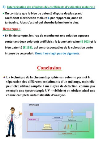 8) Interprétation des résultats des coefficients d’extinction molaires :
 On constate que le bleu de patenté dispose du plus grand
coefficient d’extinction molaire £ par rapport au jaune de
tartrazine. Alors c’est lui qui absorbe la lumière le plus.
Remarque :
 En fin de compte, le sirop de menthe est une solution aqueuse
contenant deux colorants artificiels : le jaune tartrazine (E 102) et le
bleu patenté (E 131), qui sont responsables de la coloration verte
intense de ce produit. Donc il ne s’agit pas de pigments.
Conclusion
La technique de la chromatographie sur colonne permet la
séparation des différents constituants d'un mélange, mais elle
peut être utilisée couplée à un moyen de détection, comme par
exemple une spectroscopie UV – visible et on obtient ainsi une
chaîne complète automatisable d'analyse.
 