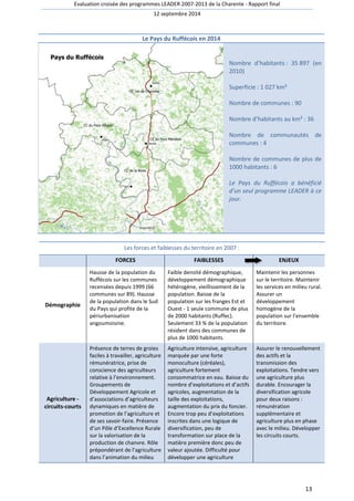 Evaluation croisée des programmes LEADER 2007-2013 de la Charente - Rapport final 
12 septembre 2014 
13 
Le Pays du Ruffécois en 2014 
Nombre d’habitants : 35 897 (en 
2010) 
Superficie : 1 027 km² 
Nombre de communes : 90 
Nombre d’habitants au km² : 36 
Nombre de communautés de 
communes : 4 
Nombre de communes de plus de 
1000 habitants : 6 
Le Pays du Ruffécois a bénéficié 
d’un seul programme LEADER à ce 
jour. 
Les forces et faiblesses du territoire en 2007 : 
FORCES FAIBLESSES ENJEUX 
Démographie 
Hausse de la population du 
Ruffécois sur les communes 
recensées depuis 1999 (66 
communes sur 89). Hausse 
de la population dans le Sud 
du Pays qui profite de la 
périurbanisation 
angoumoisine. 
Faible densité démographique, 
développement démographique 
hétérogène, vieillissement de la 
population. Baisse de la 
population sur les franges Est et 
Ouest - 1 seule commune de plus 
de 2000 habitants (Ruffec). 
Seulement 33 % de la population 
résident dans des communes de 
plus de 1000 habitants. 
Maintenir les personnes 
sur le territoire. Maintenir 
les services en milieu rural. 
Assurer un 
développement 
homogène de la 
population sur l’ensemble 
du territoire. 
Agriculture - 
circuits-courts 
Présence de terres de groies 
faciles à travailler, agriculture 
rémunératrice, prise de 
conscience des agriculteurs 
relative à l’environnement. 
Groupements de 
Développement Agricole et 
d’associations d’agriculteurs 
dynamiques en matière de 
promotion de l’agriculture et 
de ses savoir-faire. Présence 
d’un Pôle d’Excellence Rurale 
sur la valorisation de la 
production de chanvre. Rôle 
prépondérant de l’agriculture 
dans l’animation du milieu 
Agriculture intensive, agriculture 
marquée par une forte 
monoculture (céréales), 
agriculture fortement 
consommatrice en eau. Baisse du 
nombre d’exploitations et d’actifs 
agricoles, augmentation de la 
taille des exploitations, 
augmentation du prix du foncier. 
Encore trop peu d’exploitations 
inscrites dans une logique de 
diversification, peu de 
transformation sur place de la 
matière première donc peu de 
valeur ajoutée. Difficulté pour 
développer une agriculture 
Assurer le renouvellement 
des actifs et la 
transmission des 
exploitations. Tendre vers 
une agriculture plus 
durable. Encourager la 
diversification agricole 
pour deux raisons : 
rémunération 
supplémentaire et 
agriculture plus en phase 
avec le milieu. Développer 
les circuits courts. 
 