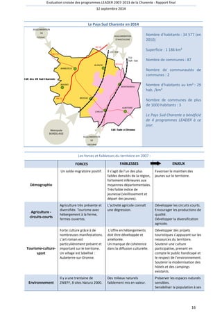 Evaluation croisée des programmes LEADER 2007 
Les forces et faiblesses du territoire en 2007 
FORCES 
Démographie 
Un solde migratoire positif. 
Agriculture - 
circuits-courts 
Agriculture très présente et 
diversifiée. Tourisme avec 
hébergement à la ferme, 
fermes ouvertes. 
Tourisme-culture-sport 
Forte culture grâce à de 
nombreuses manifestations. 
L’art roman est 
particulièrement présent et 
important sur le territoire. 
Un village est labellisé 
Aubeterre-sur 
Environnement 
Il y a une trentaine de 
ZNIEFF, 8 sites Natura 2000. 
2007-2013 de la Charente - Rapport final 
12 septembre 2014 
Le Pays Sud Charente en 2014 
Nombre d’habitants 
2010) 
Superficie 
: 34 577 (en 
Nombre de communes 
Nombre de communautés de 
communes 
Nombre d’habitants au km² 
hab. /km² 
Nombre de communes de plus 
de 1000 habitants 
Le Pays Sud Charente a 
de 4 programmes LEADER à ce 
jour. 
: 
FAIBLESSES 
Il s’agit de l’un des plus 
faibles densités de la région, 
fortement inférieures aux 
moyennes départementales. 
Très faible indice de 
jeunesse (vieillissement et 
départ des jeunes). 
Favoriser le maintien des 
jeunes sur le territoire. 
e L’activité agricole connaît 
une dégression. 
Développer les circuits courts. 
Encourager les productions de 
qualité. 
Développer la diversification 
agricole. 
: 
sur-Dronne. 
L’offre en hébergements 
doit être développée et 
améliorée. 
Un manque de cohérence 
dans la diffusion culturelle. 
Développer des projets 
touristiques s’appuyant sur les 
ressources du territoire. 
Soutenir une culture 
participative, prenant en 
compte le public handicapé et 
le respect de l’environnement. 
Soutenir la modernisa 
hôtels et des campings 
existants. 
Des milieux naturels 
faiblement mis en valeur. 
Préserver les espaces naturels 
sensibles. 
Sensibiliser la population à ses 
16 
: 1 186 km² 
: 87 
: 2 
: 29 
mbre : 3 
bénéficié 
ENJEUX 
modernisation des 
 