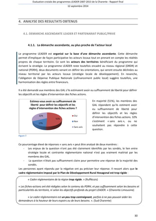 Evaluation croisée des programmes LEADER 2007 
4. ANALYSE DES RESULTAT 
RESULTATS OBTENUS 
4.1. DEMARCHE ASCENDANTE 
2007-2013 de la Charente - Rapport final 
12 septembre 2014 
LEADER ET PARTENARIAT PUBLIC/PRIVE 
4.1.1. La démarche ascendante, au plus proche de l’acteur local 
Le programme LEADER est organisé sur la base 
d’une démarche ascendante 
permet d’impliquer de façon participative les acteurs locaux tout en prenant en compte les réalités 
propres de chaque territoire. Ce sont les 
acteurs des territoires bénéficiant du programme qui 
écrivent la stratégie. égie. Le programme LEADER reste toutefois encadré au niveau régional 
national (PDRH), , deux documents venant en définir les orientations, qui seront ensuite déclinées au 
niveau territorial par les acteurs 
locaux (stratégie locale de développement) 
l’obligation de Dépense Publique Nationale (cofinancement public local) suggère toutefois, une 
harmonisation des règles entre financeurs. 
Il a été demandé aux membres des GAL s’ils estimaient avoir eu suffisamment de liberté pour définir 
les objectifs et les règles d’intervention des fiches actions. 
Figure 7 
ntervention Estimez-vous avoir eu suffisamment de 
liberté pour définir les objectifs et les 
règles d'intervention des fiches actions ? 
51% 
32% 
17% 
Ce pourcentage élevé de réponses « 
- Les enjeux de la question n’ont pas été clairement identifiés par les sondés 
stratégie locale et contrainte réglementaire national n’est pas vraiment maitrisé par les 
membres des GAL. 
- La question n’était pas suffisamment claire pour permettre une réponse de la majorité des 
sondés. 
Les personnes ayant répondu par 
cadre réglementaire imposé par le Plan de Développement Rural Hexagonal est trop rigide 
« Cadre réglementaire de la région 
« Les fiches-actions ont été rédigée 
particularités du territoire, ni selon les objectifs profonds du projet LEADER. 
« Le cadre réglementaire est 
demandeurs à la hauteur de leurs espoirs ou de leurs besoins. 
En majorité (51%), les membres des 
GAL répondent qu’ils estiment avoir 
eu suffisamment de liberté pour 
définir les objectifs et les règles 
d’intervention des 
s’estiment « sans avis 
souhaitent pas répondre à cette 
question. 
sans avis » peut être analysé de deux manières 
la négative ont pu préciser leur réponse. Il ressort alors que 
trop rigide. » (Ruffécois) 
rédigées selon le contenu du PDRH, et pas suffisamment selon les besoins et 
» (Charente Limousine) 
un peu trop contraignant, parfois à ne pas pouvoir aid 
». (Sud Charente) 
Oui 
Non 
Sans avis 
30 
T émarche ascendante. Cette démarche 
(DRDR) et 
développement). En revanche, 
n fiches actions. 32% 
», ou ne 
: 
sondés, le lien entre 
le 
: 
s , aider les 
 