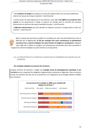 Evaluation croisée des programmes LEADER 2007 
« Des problèmes de budget [sont apparus en raison de la dégressivité], avec une quasi stabilité des 
tarifs et une hausse des charges en général. 
» (Sud Charente) 
« Comme toutes les aides dégressives et non pérennes, pérennes 
cette règle rend difficile une projection dans 
l'avenir de nos financements et oblige à consacrer de l'énergie dans la recherche de nouveaux 
financements au détriment des aspects qualitatifs du projet 
projet. » (Sud Charente) 
« Difficultés administratives pour 
bien identifier les dépenses soumises à la dégressivité et celles non 
soumises. » (Sud Charente) 
Mais la plupart des personnes sondées ne considère pas avoir été particulièrement mise en 
difficulté par la dégressivité, 
conscience leur a permis d’adapter leur plan d’action et budget en conséquence 
cette règle dès le début et souligner ses conséquences éventuelles peut donc permettre à 
l’organisme concerné d’adapter son plan d’action sur le long terme. 
4.3. LA PERCEPTION DE LA 
CHARENTE 
Des stratégies adaptées aux besoins des territoires 
Chaque territoire de Charente a rédigé une 
territoire tout en respectant les obligations réglementaires nationales et régionales. Dans un premier 
temps, les membres des GAL ont du se positionner sur l’adaptation de la stratégie établie en 2008 à 
leur territoire. 
Au lancement de la stratégie en 2008, vous semblait 
Oui, tout à fait 
GAL Pays Charente Limousine 
GAL Pays Horte et Tardoire 
GAL Pays du Ruffécois 
GAL Pays Sud Charente 
Figure 36 (En nombres de réponses obtenues 
2007-2013 de la Charente - Rapport final 
12 septembre 2014 
le fait par exemple d’en avoir connaissance et parfaitement 
é STRATEGIE LEADER PAR LES MEMBRES DES QUAT 
: 
stratégie locale de développement spécifique à son 
par Pays) 
2 
5 
5 
6 
7 
semblait-elle 
9 
5 
10 
1 
adaptée au territoire ? 
Oui, plutôt Non, pas vraiment Sans réponse 
53 
t conséquence. Expliquer 
QUATRE GAL DE 
oppement 4 
2 
4 
3 
 