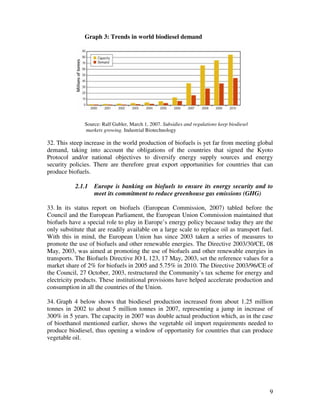 Graph 3: Trends in world biodiesel demand




               Source: Ralf Gubler, March 1, 2007. Subsidies and regulations keep biodiesel
               markets growing. Industrial Biotechnology

32. This steep increase in the world production of biofuels is yet far from meeting global
demand, taking into account the obligations of the countries that signed the Kyoto
Protocol and/or national objectives to diversify energy supply sources and energy
security policies. There are therefore great export opportunities for countries that can
produce biofuels.

           2.1.1   Europe is banking on biofuels to ensure its energy security and to
                   meet its commitment to reduce greenhouse gas emissions (GHG)

33. In its status report on biofuels (European Commission, 2007) tabled before the
Council and the European Parliament, the European Union Commission maintained that
biofuels have a special role to play in Europe’s energy policy because today they are the
only substitute that are readily available on a large scale to replace oil as transport fuel.
With this in mind, the European Union has since 2003 taken a series of measures to
promote the use of biofuels and other renewable energies. The Directive 2003/30/CE, 08
May, 2003, was aimed at promoting the use of biofuels and other renewable energies in
transports. The Biofuels Directive JO L 123, 17 May, 2003, set the reference values for a
market share of 2% for biofuels in 2005 and 5.75% in 2010. The Directive 2003/96/CE of
the Council, 27 October, 2003, restructured the Community’s tax scheme for energy and
electricity products. These institutional provisions have helped accelerate production and
consumption in all the countries of the Union.

34. Graph 4 below shows that biodiesel production increased from about 1.25 million
tonnes in 2002 to about 5 million tonnes in 2007, representing a jump in increase of
300% in 5 years. The capacity in 2007 was double actual production which, as in the case
of bioethanol mentioned earlier, shows the vegetable oil import requirements needed to
produce biodiesel, thus opening a window of opportunity for countries that can produce
vegetable oil.




                                                                                              9
 