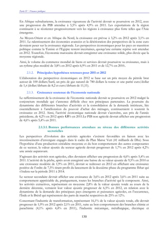 Partie IV : Finances publiques
130
En Afrique subsaharienne, la croissance vigoureuse de l’activité devrait se poursuivre en 2012, avec
une progression du PIB attendue à 5,5% après 4,9% en 2011. Les exportations de la région
continuent à se réorienter progressivement vers les régions à croissance plus forte telles que l’Asie
émergente.
Au Moyen-Orient et en Afrique du Nord, la croissance est prévue à 3,2% en 2012 après 3,1% en
2011. Le ralentissement des économies avancées et la détérioration des perspectives de la zone euro
devraient peser sur la croissance régionale. Les perspectives économiques pour les pays en transition
politique comme la Tunisie et l’Egypte restent incertaines, quoiqu’une certaine reprise soit attendue
en 2012. Toutefois, l’économie marocaine devrait enregistrer une croissance solide, plus élevée que la
moyenne régionale.
Ainsi, le volume du commerce mondial de biens et services devrait poursuivre sa croissance, mais à
un rythme plus modéré de 3,8% en 2012 après 6,9% en 2011 et de 12,7% en 2010..
2.1.2. Principales hypothèses retenues pour 2011 et 2012
L’élaboration des perspectives économiques en 2012 se base sur un prix moyen du pétrole brut
autour de 100 dollars/baril, un prix de gaz naturel de 780 dollars la tonne et une parité euro/dollar
de 1,4 (dollar/dirham de 8,2 et euro/dirham de 11,11).
2.1.3. Croissance soutenue de l’économie nationale
Le raffermissement de la croissance de l’économie nationale devrait se poursuivre en 2012 malgré la
conjoncture mondiale qui s’annonce difficile chez nos principaux partenaires. La poursuite du
dynamisme des différentes branches d’activités et la consolidation de la demande intérieure, liée
essentiellement à l’amélioration du pouvoir d’achat des ménages, continueraient à soutenir la
croissance en 2012. Ainsi, l’activité économique nationale devrait s’accroître, aux prix de l’année
précédente, de 4,2% en 2012 après 4,8% en 2011.Le PIB non agricole devrait afficher une progression
de 4,6% après 5,4% en 2011.
2.1.3.1. Bonnes performances attendues au niveau des différentes activités
sectorielles
Les perspectives d’évolution des activités agricoles s’avèrent favorables en liaison avec les
investissements d’envergure engagés dans le cadre du Plan Maroc Vert (41 milliards de Dhs). Sous
l’hypothèse d’une production céréalière moyenne et du bon comportement des autres composantes
de ce secteur, la valeur ajoutée du secteur agricole devrait progresser de 1,7% en 2012 après 4,2%
une année auparavant.
S’agissant des activités non agricoles, elles devraient afficher une progression de 4,6% après 5,4% en
2011. L’activité de la pêche, après avoir enregistré une baisse de sa valeur ajoutée de 9,5% en 2010 et
une croissance modérée de 1,9% en 2011, devrait se redresser en 2012 en affichant une croissance
positive de l’ordre de 7,5% tirant profit du lancement de la deuxième phase du programme Ibhar qui
s’étalera sur la période 2011 à 2014.
Le secteur secondaire devrait afficher une croissance de 3,6% en 2012 après 3,6% en 2011 suite au
comportement appréciable de, pratiquement, toutes les branches d’activité qui le composent. Ainsi,
les activités extractives, représentant en moyenne 2,8% de la valeur ajoutée totale au cours de la
dernière décennie, verraient leur valeur ajoutée progresser de 6,5% en 2012, en relation avec le
dynamisme de la demande des principaux pays émergents et puissances agricoles, en l’occurrence,
l’Inde et le Brésil qui représentent des parts de marché respectives de 25% et 12%.
Concernant l’industrie de transformation, représentant 16,1% de la valeur ajoutée totale, elle devrait
progresser de 1,9% en 2012 après 2,1% en 2011, suite au bon comportement des branches chimie et
parachimie (4,1% après 4,4% en 2011), l’industrie mécanique, métallurgique, électrique et
 
