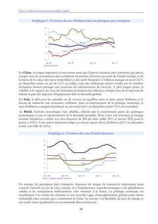 Partie I. Le Maroc dans son environnement mondial et régional
16
Graphique 5 : Evolution du taux d’inflation dans les principaux pays émergents
En Chine, un risque important à court terme serait que l’activité ralentisse plus fortement que prévu,
compte tenu du resserrement des conditions monétaires intervenu au cours de l’année écoulée, et de
la baisse de la valeur des biens immobiliers et des actifs financiers. L’inflation marque un recul (4,1%
en décembre contre un pic de 6,5% en juillet), mais des indicateurs récents fondés sur les résultats
d’enquêtes laissent présager une poursuite du ralentissement de l’activité. À plus longue terme, la
stabilité et la vigueur des taux de croissance pourraient être affectées, compte tenu de la nécessité de
réduire la part des dépenses d’équipement dans la demande globale.
En Inde, le défi pour les autorités est de trouver un équilibre entre la lutte contre l'inflation et le
besoin de maintenir une croissance suffisante. Suite au durcissement de la politique monétaire, le
taux d’inflation a marqué récemment un net recul (6,4% en décembre contre 9,3% en novembre).
Au Brésil, l’activité économique s’est affaiblie, affectée par le resserrement passé des politiques
économiques et par le ralentissement de la demande mondiale. Pour éviter une récession, la banque
centrale brésilienne a réduit son taux directeur de 200 pb entre juillet 2011 et janvier 2012 pour le
porter à 10,5%. Cette action intervient malgré un niveau encore élevé d’inflation (6,5% en décembre
contre une cible de 4,5%).
Graphique 6 : Evolution des taux d’intérêt directeurs
En somme, les principaux pays émergents disposent de marges de manœuvre importantes pour
soutenir l’activité en cas de choc externe. Les fondamentaux macroéconomiques sont globalement
solides et les anticipations inflationnistes sont orientées à la baisse. La politique monétaire est
actuellement à la croisée des chemins et une nouvelle vague d’assouplissement graduel serait même
souhaitable dans certains pays, notamment la Chine. Le recours à la flexibilité du taux de change et
aux outils macro-prudentiels est recommandé dans certains cas.
-4
0
4
8
12
16
déc.-08 déc.-09 déc.-10 déc.-11
Chine
Inde
Brésil
Russie
Sources nationales
0
2
4
6
8
10
12
14
janv.-08 janv.-09 janv.-10 janv.-11 janv.-12
Chine
Inde
Brésil
Chili
Sources : Banques centrales nationales
 