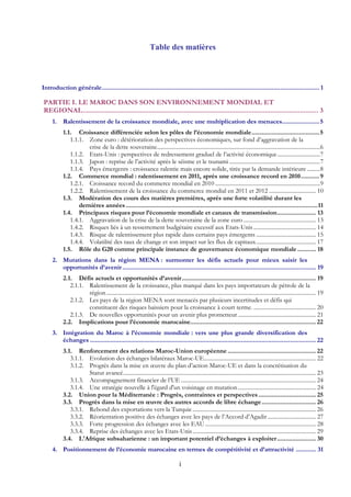 i
Table des matières
Introduction générale................................................................................................................................ 1 
PARTIE I. LE MAROC DANS SON ENVIRONNEMENT MONDIAL ET
REGIONAL................................................................................................................................ 3 
1.  Ralentissement de la croissance mondiale, avec une multiplication des menaces......................5 
1.1.  Croissance différenciée selon les pôles de l’économie mondiale........................................5 
1.1.1.  Zone euro : détérioration des perspectives économiques, sur fond d’aggravation de la
crise de la dette souveraine...................................................................................................................6 
1.1.2.  Etats-Unis : perspectives de redressement graduel de l’activité économique..............................7 
1.1.3.  Japon : reprise de l’activité après le séisme et le tsunami ................................................................7 
1.1.4.  Pays émergents : croissance ralentie mais encore solide, tirée par la demande intérieure .........8 
1.2.  Commerce mondial : ralentissement en 2011, après une croissance record en 2010...........9 
1.2.1.  Croissance record du commerce mondial en 2010 ..........................................................................9 
1.2.2.  Ralentissement de la croissance du commerce mondial en 2011 et 2012 ................................. 10 
1.3.  Modération des cours des matières premières, après une forte volatilité durant les
dernières années.................................................................................................................11 
1.4.  Principaux risques pour l’économie mondiale et canaux de transmission....................... 13 
1.4.1.  Aggravation de la crise de la dette souveraine de la zone euro ................................................... 13 
1.4.2.  Risques liés à un resserrement budgétaire excessif aux Etats-Unis............................................ 14 
1.4.3.  Risque de ralentissement plus rapide dans certains pays émergents .......................................... 15 
1.4.4.  Volatilité des taux de change et son impact sur les flux de capitaux.......................................... 17 
1.5.  Rôle du G20 comme principale instance de gouvernance économique mondiale........... 18 
2.  Mutations dans la région MENA : surmonter les défis actuels pour mieux saisir les
opportunités d’avenir.................................................................................................................. 19 
2.1.  Défis actuels et opportunités d’avenir............................................................................... 19 
2.1.1.  Ralentissement de la croissance, plus marqué dans les pays importateurs de pétrole de la
région.................................................................................................................................................... 19 
2.1.2.  Les pays de la région MENA sont menacés par plusieurs incertitudes et défis qui
constituent des risques baissiers pour la croissance à court terme. ............................................ 20 
2.1.3.  De nouvelles opportunités pour un avenir plus prometteur....................................................... 21 
2.2.  Implications pour l’économie marocaine.......................................................................... 22 
3.  Intégration du Maroc à l’économie mondiale : vers une plus grande diversification des
échanges ..................................................................................................................................... 22 
3.1.  Renforcement des relations Maroc-Union européenne .................................................... 22 
3.1.1.  Evolution des échanges bilatéraux Maroc-UE............................................................................... 22 
3.1.2.  Progrès dans la mise en œuvre du plan d’action Maroc-UE et dans la concrétisation du
Statut avancé........................................................................................................................................ 23 
3.1.3.  Accompagnement financier de l’UE ............................................................................................... 24 
3.1.4.  Une stratégie nouvelle à l'égard d'un voisinage en mutation....................................................... 24 
3.2.  Union pour la Méditerranée : Progrès, contraintes et perspectives.................................. 25 
3.3.  Progrès dans la mise en œuvre des autres accords de libre échange................................ 26 
3.3.1.  Rebond des exportations vers la Turquie....................................................................................... 26 
3.3.2.  Réorientation positive des échanges avec les pays de l’Accord d’Agadir .................................. 27 
3.3.3.  Forte progression des échanges avec les EAU .............................................................................. 28 
3.3.4.  Reprise des échanges avec les Etats-Unis....................................................................................... 29 
3.4.  L'Afrique subsaharienne : un important potentiel d’échanges à exploiter....................... 30 
4.  Positionnement de l’économie marocaine en termes de compétitivité et d’attractivité ............ 31 
 
