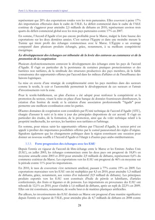 Partie I. Le Maroc dans son environnement mondial et régional
28
représentant que 20% des exportations totales vers les trois partenaires. Elles couvrent à peine 17%
des importations effectuées dans le cadre de l’ALE. Le déficit commercial dans le cadre de l’ALE
continue de s’aggraver pour atteindre 2,5 milliards de dirhams en 2010, représentant environ trois
quarts du déficit commercial global avec les trois pays partenaires contre 17% en 2007.
En somme, l’Accord d’Agadir n’est pas encore profitable pour le Maroc, malgré la forte hausse des
exportations sur les deux dernières années. C’est surtout l’Egypte et dans une moindre mesure la
Tunisie qui tirent profit des échanges commerciaux avec le Maroc. L’Égypte a un avantage
comparatif dans plusieurs produits échangés, grâce, notamment, à sa meilleure compétitivité
énergétique.
Le développement des échanges est tributaire de la levée des entraves au commerce et de la
promotion de la coopération
Plusieurs dysfonctionnements entravent le développement des échanges entre les pays de l’accord
d’Agadir. Il s'agit en particulier de la persistance de certaines pratiques protectionnistes et des
barrières non tarifaires, de la similitude des structures productives des pays membres, de la faible
connaissance des opportunités offertes par l'accord dans les milieux d'affaires et de l'insuffisance des
liaisons logistiques.
La mise en œuvre d’une stratégie de complémentarité entre les pays membres dans des secteurs
comme le textile, le cuir et l’automobile permettrait le développement de ces secteurs et l’attrait
d’investissements vers la zone.
Pour le textile-habillement, un plan d'action a été adopté pour renforcer la compétitivité et la
promotion du secteur, visant la mise en place d'une banque de données fournisseurs-distributeurs, la
création d'un Institut de mode et la création d'une association professionnelle "Agadir" pour
permettre une meilleure coordination entre les parties.
D'autres domaines de coopération sont considérés par l'Unité technique de l’accord d’Agadir (ATU),
chargée d’assurer le suivi et la mise à jour des principales dispositions de cet accord. Il s’agit en
particulier des études, de la formation, de la promotion, ainsi que du volet technique relatif à la
propriété intellectuelle, les services, les barrières non tarifaires et l'arbitrage.
En somme, pour mieux saisir les opportunités offertes par l’Accord d’Agadir, le secteur privé est
appelé à profiter des importantes possibilités offertes par le cumul paneuromed des règles d’origine.
Signalons également que les changements politiques dans la région constituent une occasion pour
donner un nouveau souffle à l’Accord d’Agadir et l’élargir à d’autres pays arabo-méditerranéens.
3.3.3. Forte progression des échanges avec les EAU
Depuis l’entrée en vigueur de l’accord de libre-échange entre le Maroc et les Emirats Arabes Unis
(EAU), en juillet 2003, les échanges commerciaux entre les deux pays ont progressé de 18,8% en
moyenne annuelle entre 2003 et 2010 pour atteindre 2,9 milliards de dirhams, représentant 0,6% du
commerce extérieur du Maroc. Les exportations vers les EAU ont progressé de 46% en moyenne sur
la période contre 11% pour les importations.
En 2010, le taux de couverture s’est nettement amélioré, passant à 77% contre 19% en 2009. Les
exportations marocaines vers les EAU ont été multipliées par 4,5 en 2010, pour atteindre 1,3 milliard
de dirhams, grâce, notamment, aux ventes d’or industriel (0,9 milliard de dirhams). Les principaux
produits exportés vers les EAU sont constitués d’huile de pétrole et lubrifiants, d’articles
confectionnés, des fruits et légumes et de poissons. Les importations en provenance des EAU ont
rebondi de 12,1% en 2010, pour s’établir à 1,6 milliard de dirhams, après un repli de 22,5% en 2009.
Elles ont été constituées, notamment, de soufre brut et de matières plastiques artificielles.
Par ailleurs, les investissements des EAU destinés au Maroc ont progressé d’une manière significative
depuis l’entrée en vigueur de l’ALE, pour atteindre plus de 4,7 milliards de dirhams en 2008 contre
 