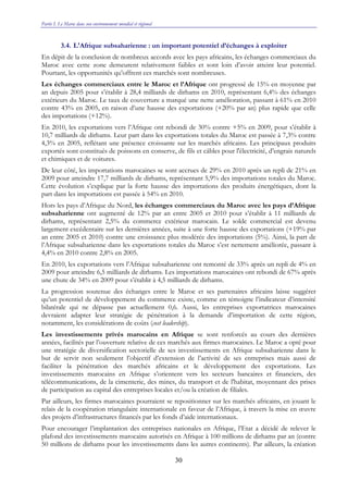 Partie I. Le Maroc dans son environnement mondial et régional
30
3.4. L'Afrique subsaharienne : un important potentiel d’échanges à exploiter
En dépit de la conclusion de nombreux accords avec les pays africains, les échanges commerciaux du
Maroc avec cette zone demeurent relativement faibles et sont loin d’avoir atteint leur potentiel.
Pourtant, les opportunités qu’offrent ces marchés sont nombreuses.
Les échanges commerciaux entre le Maroc et l’Afrique ont progressé de 15% en moyenne par
an depuis 2005 pour s’établir à 28,4 milliards de dirhams en 2010, représentant 6,4% des échanges
extérieurs du Maroc. Le taux de couverture a marqué une nette amélioration, passant à 61% en 2010
contre 43% en 2005, en raison d’une hausse des exportations (+20% par an) plus rapide que celle
des importations (+12%).
En 2010, les exportations vers l’Afrique ont rebondi de 30% contre +5% en 2009, pour s’établir à
10,7 milliards de dirhams. Leur part dans les exportations totales du Maroc est passée à 7,3% contre
4,3% en 2005, reflétant une présence croissante sur les marchés africains. Les principaux produits
exportés sont constitués de poissons en conserve, de fils et câbles pour l'électricité, d’engrais naturels
et chimiques et de voitures.
De leur côté, les importations marocaines se sont accrues de 29% en 2010 après un repli de 21% en
2009 pour atteindre 17,7 milliards de dirhams, représentant 5,9% des importations totales du Maroc.
Cette évolution s’explique par la forte hausse des importations des produits énergétiques, dont la
part dans les importations est passée à 54% en 2010.
Hors les pays d’Afrique du Nord, les échanges commerciaux du Maroc avec les pays d’Afrique
subsaharienne ont augmenté de 12% par an entre 2005 et 2010 pour s’établir à 11 milliards de
dirhams, représentant 2,5% du commerce extérieur marocain. Le solde commercial est devenu
largement excédentaire sur les dernières années, suite à une forte hausse des exportations (+19% par
an entre 2005 et 2010) contre une croissance plus modérée des importations (5%). Ainsi, la part de
l’Afrique subsaharienne dans les exportations totales du Maroc s’est nettement améliorée, passant à
4,4% en 2010 contre 2,8% en 2005.
En 2010, les exportations vers l’Afrique subsaharienne ont remonté de 33% après un repli de 4% en
2009 pour atteindre 6,5 milliards de dirhams. Les importations marocaines ont rebondi de 67% après
une chute de 34% en 2009 pour s’établir à 4,5 milliards de dirhams.
La progression soutenue des échanges entre le Maroc et ses partenaires africains laisse suggérer
qu’un potentiel de développement du commerce existe, comme en témoigne l’indicateur d’intensité
bilatérale qui ne dépasse pas actuellement 0,6. Aussi, les entreprises exportatrices marocaines
devraient adapter leur stratégie de pénétration à la demande d’importation de cette région,
notamment, les considérations de coûts (cost leadership).
Les investissements privés marocains en Afrique se sont renforcés au cours des dernières
années, facilités par l’ouverture relative de ces marchés aux firmes marocaines. Le Maroc a opté pour
une stratégie de diversification sectorielle de ses investissements en Afrique subsaharienne dans le
but de servir non seulement l’objectif d’extension de l’activité de ses entreprises mais aussi de
faciliter la pénétration des marchés africains et le développement des exportations. Les
investissements marocains en Afrique s’orientent vers les secteurs bancaires et financiers, des
télécommunications, de la cimenterie, des mines, du transport et de l'habitat, moyennant des prises
de participation au capital des entreprises locales et/ou la création de filiales.
Par ailleurs, les firmes marocaines pourraient se repositionner sur les marchés africains, en jouant le
relais de la coopération triangulaire internationale en faveur de l’Afrique, à travers la mise en œuvre
des projets d’infrastructures financés par les fonds d’aide internationaux.
Pour encourager l’implantation des entreprises nationales en Afrique, l’Etat a décidé de relever le
plafond des investissements marocains autorisés en Afrique à 100 millions de dirhams par an (contre
50 millions de dirhams pour les investissements dans les autres continents). Par ailleurs, la création
 