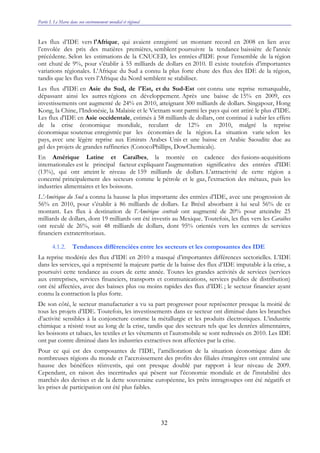 Partie I. Le Maroc dans son environnement mondial et régional
32
Les flux d’IDE vers l'Afrique, qui avaient enregistré un montant record en 2008 en lien avec
l’envolée des prix des matières premières, semblent poursuivre la tendance baissière de l'année
précédente. Selon les estimations de la CNUCED, les entrées d'IDE pour l’ensemble de la région
ont chuté de 9%, pour s’établir à 55 milliards de dollars en 2010. Il existe toutefois d’importantes
variations régionales. L’Afrique du Sud a connu la plus forte chute des flux des IDE de la région,
tandis que les flux vers l’Afrique du Nord semblent se stabiliser.
Les flux d'IDE en Asie du Sud, de l'Est, et du Sud-Est ont connu une reprise remarquable,
dépassant ainsi les autres régions en développement. Après une baisse de 15% en 2009, ces
investissements ont augmenté de 24% en 2010, atteignant 300 milliards de dollars. Singapour, Hong
Kong, la Chine, l’Indonésie, la Malaisie et le Vietnam sont parmi les pays qui ont attiré le plus d’IDE.
Les flux d'IDE en Asie occidentale, estimés à 58 milliards de dollars, ont continué à subir les effets
de la crise économique mondiale, reculant de 12% en 2010, malgré la reprise
économique soutenue enregistrée par les économies de la région. La situation varie selon les
pays, avec une légère reprise aux Emirats Arabes Unis et une baisse en Arabie Saoudite due au
gel des projets de grandes raffineries (ConocoPhillips, DowChemicals).
En Amérique Latine et Caraïbes, la montée en cadence des fusions-acquisitions
internationales est le principal facteur expliquant l'augmentation significative des entrées d'IDE
(13%), qui ont atteint le niveau de 159 milliards de dollars. L’attractivité de cette région a
concerné principalement des secteurs comme le pétrole et le gaz, l'extraction des métaux, puis les
industries alimentaires et les boissons.
L’Amérique du Sud a connu la hausse la plus importante des entrées d’IDE, avec une progression de
56% en 2010, pour s’établir à 86 milliards de dollars. Le Brésil absorbant à lui seul 56% de ce
montant. Les flux à destination de l’Amérique centrale ont augmenté de 20% pour atteindre 25
milliards de dollars, dont 19 milliards ont été investis au Mexique. Toutefois, les flux vers les Caraïbes
ont reculé de 26%, soit 48 milliards de dollars, dont 95% orientés vers les centres de services
financiers extraterritoriaux.
4.1.2. Tendances différenciées entre les secteurs et les composantes des IDE
La reprise modérée des flux d’IDE en 2010 a masqué d’importantes différences sectorielles. L’IDE
dans les services, qui a représenté la majeure partie de la baisse des flux d’IDE imputable à la crise, a
poursuivi cette tendance au cours de cette année. Toutes les grandes activités de services (services
aux entreprises, services financiers, transports et communications, services publics de distribution)
ont été affectées, avec des baisses plus ou moins rapides des flux d’IDE ; le secteur financier ayant
connu la contraction la plus forte.
De son côté, le secteur manufacturier a vu sa part progresser pour représenter presque la moitié de
tous les projets d’IDE. Toutefois, les investissements dans ce secteur ont diminué dans les branches
d’activité sensibles à la conjoncture comme la métallurgie et les produits électroniques. L’industrie
chimique a résisté tout au long de la crise, tandis que des secteurs tels que les denrées alimentaires,
les boissons et tabacs, les textiles et les vêtements et l’automobile se sont redressés en 2010. Les IDE
ont par contre diminué dans les industries extractives non affectées par la crise.
Pour ce qui est des composantes de l’IDE, l’amélioration de la situation économique dans de
nombreuses régions du monde et l’accroissement des profits des filiales étrangères ont entraîné une
hausse des bénéfices réinvestis, qui ont presque doublé par rapport à leur niveau de 2009.
Cependant, en raison des incertitudes qui pèsent sur l'économie mondiale et de l'instabilité des
marchés des devises et de la dette souveraine européenne, les prêts intragroupes ont été négatifs et
les prises de participation ont été plus faibles.
 