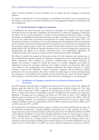 Partie II : Consolidation du modèle de développement économique et social du Maroc
47
Ainsi, il faudrait exploiter les atouts du Maroc vers le marché des pays émergents, notamment,
africains.
En somme, la spécialisation et la concentration sont bénéfiques tant que les secteurs concernés sont
dynamiques et les régions concernées bénéficient d’un accompagnement adapté au renforcement de
leur compétitivité.
1.5. Secteur financier en appui à la croissance
La contribution du secteur financier à la croissance économique et à l’emploi est de plus en plus
confirmée de par son rôle dans la facilitation des transactions, la collecte de l’épargne et l’allocation
du capital vers les secteurs productifs. Le secteur de l’intermédiation financière au Maroc a réalisé
des progrès considérables lui permettant d’occuper une place essentielle au sein de l’économie et de
jouer un rôle crucial dans le processus d’accumulation du capital. Néanmoins, depuis 2007, sous
l’impulsion des projets structurants et la nouvelle dynamique de développement des investissements
qui en a découlé, les besoins de financement de l’économie ont connu une croissance dépassant celle
des ressources collectées par ce secteur. Ce constat est d’autant plus vrai pour le secteur bancaire qui
affiche depuis 2007 des déficits de liquidité récurrents dans un contexte marqué par la poursuite du
ralentissement des dépôts de la clientèle aboutissant ainsi à une amélioration significative du
coefficient d’emploi qui a suscité un renforcement des interventions de Bank Al Maghrib.
Par ailleurs, le marché des capitaux au Maroc reste étroit et les flux financiers qui transitent par ses
deux compartiments (marché monétaire et obligataire) n’irriguent les secteurs productifs que dans de
faibles proportions. Pour mobiliser les ressources complémentaires aux dépôts bancaires, les
banques ont continué à solliciter le marché des actions et le marché obligataire pour mettre en
adéquation la nature des ressources collectées et les emplois souhaités par l’économie. D’un autre
côté, malgré le bon comportement des principaux indicateurs du marché boursier, ce dernier
continue à éprouver des difficultés à assurer sa fonction originelle, celle de financer la sphère
productive et les secteurs porteurs. De même, le bilan du capital risque en matière de financement
des entreprises et de mobilisation de l’épargne du long terme demeure encore très timide malgré la
mise en place de nouvelles mesures incitatives visant à booster sa dynamique et sa modernisation.
1.5.1. Insuffisance de l’épargne nationale face aux besoins de financement de
l’économie
En 2010, l’épargne nationale brute a enregistré une hausse de 6,3% pour se situer à 235 milliards de
dirhams après une baisse de 2,4% en 2009 et une augmentation annuelle moyenne de 7,3% entre
2004 et 2009. Sa part dans le PIB a augmenté de 0,6 point pour se situer à 30,8% en 2010 contre
30,2% en 2009. Cette hausse est attribuable en partie à l’amélioration des transferts des Marocains
Résidents à l’Etranger qui ont enregistré une hausse de 7,8% pour se situer à 54,1 milliards de
dirhams contre une baisse de 5,4% en 2009 et une hausse moyenne de 6,1% entre 2004 et 2009. De
même, l’épargne intérieure a été consolidée en enregistrant une hausse de 6,7% pour se situer à 192,6
milliards de dirhams après une augmentation de 6% en 2009, ramenant sa part dans le PIB à 25,2%
en 2010 au lieu de 24,7% en 2009.
Cette amélioration de l’épargne intérieure masque, toutefois, une évolution différenciée au niveau de
ses différentes composantes. L’épargne publique, représentée par le solde ordinaire du Trésor, a
marqué une baisse pour la deuxième année consécutive, passant de 16,8 milliards de dirhams en 2009
à 10,3 milliards de dirhams et sa part dans l’épargne intérieure a baissé de 4 points pour se situer à
5,3%. L’épargne privée a enregistré une hausse de 11,4% ramenant sa part dans le PIB de 22,4% à
23,9%, soit une hausse de 1,5 point. Quant à la composante financière de l’épargne privée, elle a
enregistré au niveau des dépôts mobilisés par le système bancaire une nouvelle décélération avec une
hausse de 3,5% en 2010 après 5% en 2009. Au total, en dépit de l’amélioration constatée en 2010, le
 