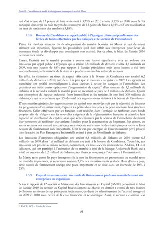 Partie II : Consolidation du modèle de développement économique et social du Maroc
51
qui s’est accrue de 12 points de base seulement à 3,25% en 2010 contre 3,13% en 2009 sous l’effet
conjugué d’un repli du coût moyen des ressources de 12 points de base à 1,93% et d’une stabilisation
du taux de rendement des emplois à 5,18%.
1.5.8. Bourse de Casablanca et appel public à l’épargne : forte prépondérance des
levées de fonds effectuées par les banques et le secteur de l’immobilier
Parmi les résultats attendus du développement du marché boursier au Maroc et qui devraient
stimuler son expansion, figurent les possibilités qu’il doit offrir aux entreprises pour lever de
nouveaux fonds et développer par conséquent son activité. Sur ce plan, le bilan de l’année 2010
demeure très timide.
Certes, l’activité sur le marché primaire a connu une hausse significative avec un volume des
émissions par appel public à l’épargne qui a atteint 7,8 milliards de dirhams contre 4,6 milliards en
2009, soit une hausse de 68% par rapport à l’année précédente mais cette hausse a été tirée
essentiellement par le marché de la dette et a profité à un nombre réduit de secteurs.
En effet, les émissions en titres de capital effectuées à la Bourse de Casablanca ont totalisé 6,2
milliards de dirhams en 2010, soit deux fois plus que le montant enregistré en 2009. Les apports en
numéraire ont profité essentiellement à deux secteurs à savoir les banques et l’immobilier. Les
premières ont initié quatre opérations d’augmentation de capital25
d’un montant de 3,3 milliards de
dirhams et le second a sollicité le marché pour un montant de près de 3 milliards de dirhams. Quant
aux entreprises du secteur industriel (hors immobilier) et du tertiaire, ils ont levé 300 millions de
dirhams, ce qui ne représente que 5% du total des augmentations réalisées à la bourse de Casablanca.
D’une manière générale, les augmentations du capital sont motivées soit par la nécessité de financer
les programmes d’investissement, d’apurer les pertes des entreprises ou pour améliorer leur structure
financière. Celles effectuées par les banques sont réalisées dans l’optique de renforcer leurs fonds
propres afin de s’aligner sur les nouvelles exigences de la réglementation bancaire et accroître leur
capacité de distribution de crédits, alors que celles réalisées par le secteur de l’immobilier devraient
leur permettre de renforcer leur assiette foncière pour la construction du logement. Par contre, les
autres secteurs ont marqué une présence très modeste sur le marché des fonds propres même si leurs
besoins de financement sont importants. C’est le cas par exemple de l’investissement privé projeté
dans le cadre du Plan Emergence Industrielle estimé à plus de 50 milliards de dirhams.
Les émissions d’emprunts obligataires ont atteint 8,4 milliards de dirhams en 2010 contre 6,3
milliards en 2009 dont 1,6 milliard de dirhams est coté à la bourse de Casablanca. Toutefois, ces
émissions ont profité au même secteur, notamment, les trois sociétés immobilières Addoha, CGI et
Alliances, qui ont participé à l’animation de ce marché à côté de la banque Attijariwafa Bank qui a
initié un emprunt de 1,2 milliard de dirhams pour financer son projet d’ouverture à l’international.
Le Maroc reste parmi les pays émergents où la part du financement en provenance du marché reste
de moindre importance, et représente environ 2,5% des investissements réalisés. Dans d’autres pays,
cette source de financement occupe une place importante et se situe dans un intervalle de 10% à
25%.
1.5.9. Capital investissement : un mode de financement profitant essentiellement aux
entreprises en expansion
Selon le rapport de l’Association Marocaine des Investisseurs en Capital (AMIC) présentant le bilan
de l’année 2010 du secteur du Capital Investissement au Maroc, ce dernier a connu de très bonnes
évolutions au niveau de ses principaux indicateurs, en dépit du ralentissement de l’activité enregistré
en 2009 et 2010 sous l’effet de la crise financière et économique. Ainsi, le secteur a continué son
25 BMCE, BCP et Crédit du Maroc
 
