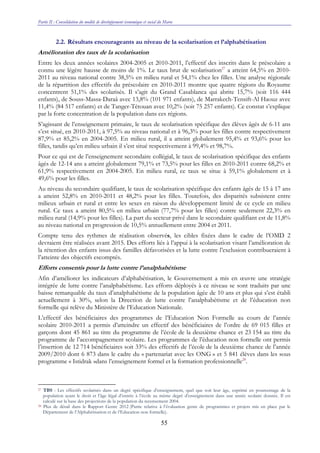 Partie II : Consolidation du modèle de développement économique et social du Maroc
55
2.2. Résultats encourageants au niveau de la scolarisation et l’alphabétisation
Amélioration des taux de la scolarisation
Entre les deux années scolaires 2004-2005 et 2010-2011, l’effectif des inscrits dans le préscolaire a
connu une légère hausse de moins de 1%. Le taux brut de scolarisation27
a atteint 64,5% en 2010-
2011 au niveau national contre 38,5% en milieu rural et 54,1% chez les filles. Une analyse régionale
de la répartition des effectifs du préscolaire en 2010-2011 montre que quatre régions du Royaume
concentrent 51,1% des scolarisés. Il s’agit du Grand Casablanca qui abrite 15,7% (soit 116 444
enfants), de Souss-Massa-Daraâ avec 13,8% (101 971 enfants), de Marrakech-Tensift-Al Haouz avec
11,4% (84 517 enfants) et de Tanger-Tétouan avec 10,2% (soit 75 257 enfants). Ce constat s’explique
par la forte concentration de la population dans ces régions.
S’agissant de l’enseignement primaire, le taux de scolarisation spécifique des élèves âgés de 6-11 ans
s’est situé, en 2010-2011, à 97,5% au niveau national et à 96,3% pour les filles contre respectivement
87,9% et 85,2% en 2004-2005. En milieu rural, il a atteint globalement 95,4% et 93,6% pour les
filles, tandis qu’en milieu urbain il s’est situé respectivement à 99,4% et 98,7%.
Pour ce qui est de l’enseignement secondaire collégial, le taux de scolarisation spécifique des enfants
âgés de 12-14 ans a atteint globalement 79,1% et 73,5% pour les filles en 2010-2011 contre 68,2% et
61,9% respectivement en 2004-2005. En milieu rural, ce taux se situe à 59,1% globalement et à
49,6% pour les filles.
Au niveau du secondaire qualifiant, le taux de scolarisation spécifique des enfants âgés de 15 à 17 ans
a atteint 52,8% en 2010-2011 et 48,2% pour les filles. Toutefois, des disparités subsistent entre
milieux urbain et rural et entre les sexes en raison du développement limité de ce cycle en milieu
rural. Ce taux a atteint 80,5% en milieu urbain (77,7% pour les filles) contre seulement 22,3% en
milieu rural (14,9% pour les filles). La part du secteur privé dans le secondaire qualifiant est de 11,8%
au niveau national en progression de 10,5% annuellement entre 2004 et 2011.
Compte tenu des rythmes de réalisation observés, les cibles fixées dans le cadre de l’OMD 2
devraient être réalisées avant 2015. Des efforts liés à l’appui à la scolarisation visant l’amélioration de
la rétention des enfants issus des familles défavorisées et la lutte contre l’exclusion contribueraient à
l’atteinte des objectifs escomptés.
Efforts consentis pour la lutte contre l’analphabétisme
Afin d’améliorer les indicateurs d’alphabétisation, le Gouvernement a mis en œuvre une stratégie
intégrée de lutte contre l’analphabétisme. Les efforts déployés à ce niveau se sont traduits par une
baisse remarquable du taux d’analphabétisme de la population âgée de 10 ans et plus qui s’est établi
actuellement à 30%, selon la Direction de lutte contre l’analphabétisme et de l’éducation non
formelle qui relève du Ministère de l’Education Nationale.
L’effectif des bénéficiaires des programmes de l’Education Non Formelle au cours de l’année
scolaire 2010-2011 a permis d’atteindre un effectif des bénéficiaires de l’ordre de 69 015 filles et
garçons dont 45 861 au titre du programme de l’école de la deuxième chance et 23 154 au titre du
programme de l’accompagnement scolaire. Les programmes de l’éducation non formelle ont permis
l’insertion de 12 714 bénéficiaires soit 33% des effectifs de l’école de la deuxième chance de l’année
2009/2010 dont 6 873 dans le cadre du « partenariat avec les ONG » et 5 841 élèves dans les sous
programme « Istidrak »dans l’enseignement formel et la formation professionnelle28
.
27 TBS : Les effectifs scolarisés dans un degré spécifique d’enseignement, quel que soit leur âge, exprimé en pourcentage de la
population ayant le droit et l’âge légal d’entrée à l’école au même degré d’enseignement dans une année scolaire donnée. Il est
calculé sur la base des projections de la population du recensement 2004.
28 Plus de détail dans le Rapport Genre 2012 (Partie relative à l’évaluation genre de programmes et projets mis en place par le
Département de l’Alphabétisation et de l’Education non formelle).
 