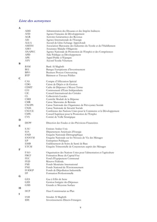 v
Liste des acronymes
A
ADII Administration des Douanes et des Impôts Indirects
AFD Agence Française de Développement
AGR Activités Génératrices des Revenus
AIE Agence Internationale de l’Energie
ALEA Accord de Libre Echange Approfondi
AMITH Association Marocaine des Industries du Textile et de l’Habillement
AMO Assurance Maladie Obligatoire
ANAPEC Agence Nationale de Promotion de l’Emploi et des Compétences
APD Aide Publique au Développement
APE Appel Public à l’Epargne
ATV Accord Textile-Vêtement
B
BAM Bank Al-Maghrib
BEI Banque Européenne d’Investissement
BPO Business Process Outsourcing
BTP Bâtiment et Travaux Publics
C
CAS Compte d’Affectation Spécial
CDG Caisse de Dépôt et de Gestion
CDMT Cadre de Dépenses à Moyen Terme
CEI Communauté d’États Indépendants
CIC Conseil International des Céréales
CL Collectivités Locales
CMD Contrôle Modulé de la Dépense
CMR Caisse Marocaine de Retraite
CNOPS Caisse Nationale des Organismes de Prévoyance Sociale
CNSS Caisse Nationale de Sécurité Sociale
CNUCE Conférence des Nations Unies pour le Commerce et le Développement
CSPE Conseil Supérieur pour la Promotion de l’Emploi
CVS Comité de Veille Stratégique
D
DEPF Direction des Etudes et des Prévisions Financières
E
EAU Emirats Arabes Unis
EIA Département Américain d’Energie
END Enquête Nationale Démographique
ENNVM Enquête Nationale sur les Niveaux de Vie des Ménages
EP Entreprises Publiques
ESSB Etablissement de Soins de Santé de Base
ETCM Enquête Trimestrielle de Conjoncture auprès des Ménages
F
FAO Organisation des Nations Unies pour l’alimentation et l’agriculture
FBCF Formation Brute du Capital Fixe
FEC Fond d’Equipement Communal
FED Réserve Fédérale.
FMI Fonds Monétaire International
FNE Fonds National de l’Environnement
FODEP Fonds de Dépollution Industrielle
FP Formation Professionnelle
G
GES Gaz à Effet de Serre
GID Gestion Intégrée des Dépenses
GMS Grande et Moyenne Surface
H
HCP Haut Commissariat au Plan
I
IAM Itissalat Al Maghrib
IDE Investissements Directs Etrangers
 