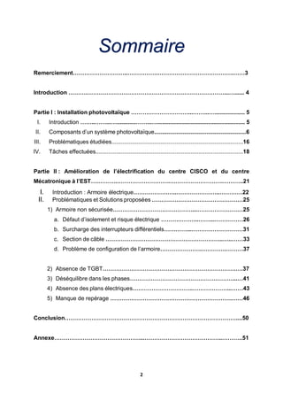 2
Sommaire
Remerciement………………………..…………….………………………………….……3
Introduction ……….………………………………………………………………...…...... 4
Partie I : Installation photovoltaïque …………………………...……...…................... 5
I. Introduction ……..……...…............……...…....................................................... 5
II. Composants d’un système photovoltaïque..........................................................6
III. Problématiques étudiées...................................................................................16
IV. Tâches effectuées.............................................................................................18
Partie II : Amélioration de l’électrification du centre CISCO et du centre
Mécatronique à l’EST….……….……………………….……………………….………..21
I. Introduction : Armoire électrique…………………..…………………..…………22
II. Problématiques et Solutions proposées …………………………………………25
1) Armoire non sécurisée……………………………………...……………………25
a. Défaut d’isolement et risque électrique ………………..……...……………26
b. Surcharge des interrupteurs différentiels…………...………………………31
c. Section de câble ……………………………………………………..…..……33
d. Problème de configuration de l’armoire………………….………….………37
2) Absence de TGBT…………………………………………………………….….37
3) Déséquilibre dans les phases………………………………………………...…41
4) Absence des plans électriques…………………………..………………...……43
5) Manque de repérage ……………………………………………………….……46
Conclusion………………………………………………………………………………....50
Annexe………………………………………...…………………………………..………..51
 
