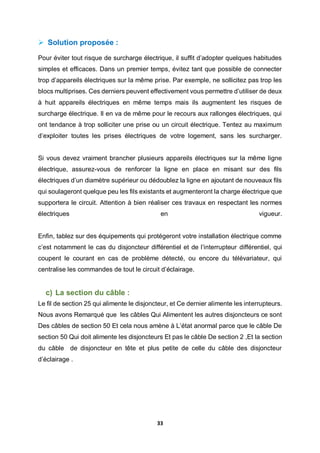33
 Solution proposée :
Pour éviter tout risque de surcharge électrique, il suffit d’adopter quelques habitudes
simples et efficaces. Dans un premier temps, évitez tant que possible de connecter
trop d’appareils électriques sur la même prise. Par exemple, ne sollicitez pas trop les
blocs multiprises. Ces derniers peuvent effectivement vous permettre d’utiliser de deux
à huit appareils électriques en même temps mais ils augmentent les risques de
surcharge électrique. Il en va de même pour le recours aux rallonges électriques, qui
ont tendance à trop solliciter une prise ou un circuit électrique. Tentez au maximum
d’exploiter toutes les prises électriques de votre logement, sans les surcharger.
Si vous devez vraiment brancher plusieurs appareils électriques sur la même ligne
électrique, assurez-vous de renforcer la ligne en place en misant sur des fils
électriques d’un diamètre supérieur ou dédoublez la ligne en ajoutant de nouveaux fils
qui soulageront quelque peu les fils existants et augmenteront la charge électrique que
supportera le circuit. Attention à bien réaliser ces travaux en respectant les normes
électriques en vigueur.
Enfin, tablez sur des équipements qui protégeront votre installation électrique comme
c’est notamment le cas du disjoncteur différentiel et de l’interrupteur différentiel, qui
coupent le courant en cas de problème détecté, ou encore du télévariateur, qui
centralise les commandes de tout le circuit d’éclairage.
c) La section du câble :
Le fil de section 25 qui alimente le disjoncteur, et Ce dernier alimente les interrupteurs.
Nous avons Remarqué que les câbles Qui Alimentent les autres disjoncteurs ce sont
Des câbles de section 50 Et cela nous amène à L’état anormal parce que le câble De
section 50 Qui doit alimente les disjoncteurs Et pas le câble De section 2 ,Et la section
du câble de disjoncteur en tête et plus petite de celle du câble des disjoncteur
d’éclairage .
 