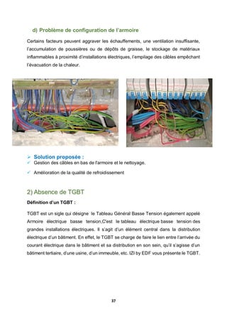 37
d) Problème de configuration de l’armoire
Certains facteurs peuvent aggraver les échauffements, une ventilation insuffisante,
l’accumulation de poussières ou de dépôts de graisse, le stockage de matériaux
inflammables à proximité d’installations électriques, l’empilage des câbles empêchant
l’évacuation de la chaleur.
 Solution proposée :
 Gestion des câbles en bas de l'armoire et le nettoyage.
 Amélioration de la qualité de refroidissement
2) Absence de TGBT
Définition d’un TGBT :
TGBT est un sigle qui désigne le Tableau Général Basse Tension également appelé
Armoire électrique basse tension,C'est le tableau électrique basse tension des
grandes installations électriques. Il s’agit d’un élément central dans la distribution
électrique d’un bâtiment. En effet, le TGBT se charge de faire le lien entre l’arrivée du
courant électrique dans le bâtiment et sa distribution en son sein, qu’il s’agisse d’un
bâtiment tertiaire, d’une usine, d’un immeuble, etc. IZI by EDF vous présente le TGBT.
 