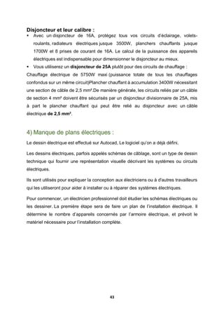 43
Disjoncteur et leur calibre :
 Avec un disjoncteur de 16A, protégez tous vos circuits d’éclairage, volets-
roulants, radiateurs électriques jusque 3500W, planchers chauffants jusque
1700W et 8 prises de courant de 16A. Le calcul de la puissance des appareils
électriques est indispensable pour dimensionner le disjoncteur au mieux.
 Vous utiliserez un disjoncteur de 25A plutôt pour des circuits de chauffage :
Chauffage électrique de 5750W maxi (puissance totale de tous les chauffages
confondus sur un même circuit)Plancher chauffant à accumulation 3400W nécessitant
une section de câble de 2,5 mm².De manière générale, les circuits reliés par un câble
de section 4 mm² doivent être sécurisés par un disjoncteur divisionnaire de 25A, mis
à part le plancher chauffant qui peut être relié au disjoncteur avec un câble
électrique de 2,5 mm².
4) Manque de plans électriques :
Le dessin électrique est effectué sur Autocad, Le logiciel qu’on a déjà défini.
Les dessins électriques, parfois appelés schémas de câblage, sont un type de dessin
technique qui fournir une représentation visuelle décrivant les systèmes ou circuits
électriques.
Ils sont utilisés pour expliquer la conception aux électriciens ou à d'autres travailleurs
qui les utiliseront pour aider à installer ou à réparer des systèmes électriques.
Pour commencer, un électricien professionnel doit étudier les schémas électriques ou
les dessiner. La première étape sera de faire un plan de l’installation électrique. Il
détermine le nombre d’appareils concernés par l’armoire électrique, et prévoit le
matériel nécessaire pour l’installation complète.
 