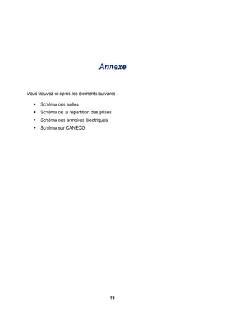 51
Annexe
Vous trouvez ci-après les éléments suivants :
 Schéma des salles
 Schéma de la répartition des prises
 Schéma des armoires électriques
 Schéma sur CANECO
 