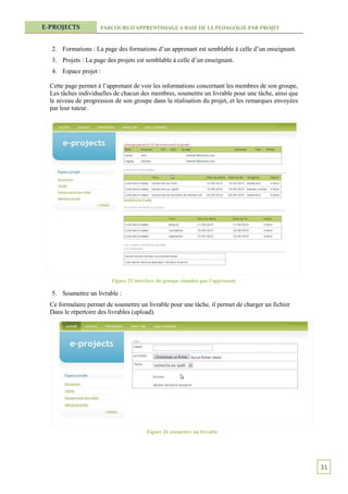 E-PROJECTS           PARCOURS D’APPRENTISSAGE A BASE DE LA PEDAGOGIE PAR PROJET



  2. Formations : La page des formations d’un apprenant est semblable à celle d’un enseignant.
  3. Projets : La page des projets est semblable à celle d’un enseignant.
  4. Espace projet :

  Cette page permet à l’apprenant de voir les informations concernant les membres de son groupe,
  Les tâches individuelles de chacun des membres, soumettre un livrable pour une tâche, ainsi que
  le niveau de progression de son groupe dans la réalisation du projet, et les remarques envoyées
  par leur tuteur.




                         Figure 25 interface du groupe visualisé par l'apprenant

  5. Soumettre un livrable :
  Ce formulaire permet de soumettre un livrable pour une tâche, il permet de charger un fichier
  Dans le répertoire des livrables (upload).




                                        Figure 26 soumettre un livrable




                                                                                                    31
 