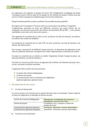 E-PROJECTS               PARCOURS D’APPRENTISSAGE A BASE DE LA PEDAGOGIE PAR PROJET



   Les apprenants sont organisés en groupes de travail, afin d’implémenter la pédagogie par projet
   l’enseignant jouera le rôle du tuteur de ces équipes en leur affectant des projets à réaliser ainsi que
   suivre et évaluer la progression d’apprentissage à travers leurs réalisations.

   Chaque formation planifiée est donc constituée d’un ensemble de projets planifiés.

   On suppose qu’à l’inscription à l’école un code et un mot de passe sont attribués à l’apprenant.
   L’apprentissage nécessitera un accès aux différentes ressources qui seront fournies par les
   enseignants, ces ressources peuvent être des fichiers, des documents (Word, PDF,…), des contenus
   multimédias ou des liens vers d’autres sites internet…

   Tout apprenant est caractérisé par un code, un nom, un prénom, une date de naissance, une adresse,
   une adresse mail, numéro de téléphone.

   Un enseignant est caractérisé par un code, CIN, un nom, un prénom, une date de naissance, une
   adresse, une adresse email…

   Une ressource -pouvant être de différents formats doit être à la disposition des apprenants et cela
   selon une démarche définie par l’enseignant afin d’aider l’apprenant dans la réalisation de sa tâche.

   Un projet est caractérisé par un intitulé, un nombre d’apprenants formant l’équipe du projet, une
   durée de réalisation, son état de réalisation…

   Une tâche est l’activité que doit exercer un apprenant afin d’aboutir à la réalisation du projet, elle a
   un titre, une durée d’exécution maximale.

   L’application Web à réaliser doit donc permettre:

            La gestion des contenus pédagogiques.
            La gestion des projets.
            La communication entre les utilisateurs de l’application :
            apprenant-apprenant, apprenant-tuteur.

3. Décomposition de notre projet :

  3.1.    Les besoins fonctionnels

   Ce sont les actions et les réactions que le système doit faire suite à une demande. Tenant compte de
   la nature de l’application, on distingue les besoins suivants :

         Gestion des ressources pédagogiques        Hébergement et récupération des ressources
                                                    pédagogiques, ajout des liens utiles…
         Gestion des projets                        Consultation, suivi, évaluation, création des
                                                    groupes de travail.
         Communication apprenant-apprenant          Asynchrone : discussion, courriers électroniques
         Communication apprenant-enseignant         Asynchrone : discussion, courriers électroniques

  3.2.    Les besoins non fonctionnels




                                                                                                              9
 