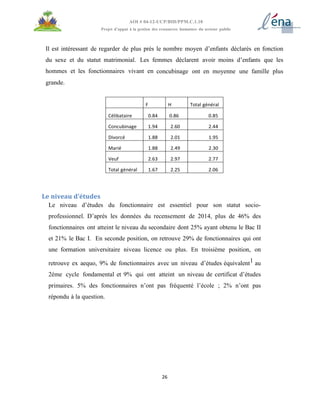 26
AOI # 04-12-UCP/BID/PPM.C.1.10
Projet d’appui à la gestion des ressources humaines du secteur public
Il est intéressant de regarder de plus près le nombre moyen d’enfants déclarés en fonction
du sexe et du statut matrimonial. Les femmes déclarent avoir moins d’enfants que les
hommes et les fonctionnaires vivant en concubinage ont en moyenne une famille plus
grande.
F H Total général
Célibataire 0.84 0.86 0.85
Concubinage 1.94 2.60 2.44
Divorcé 1.88 2.01 1.95
Marié 1.88 2.49 2.30
Veuf 2.63 2.97 2.77
Total général 1.67 2.25 2.06
Le niveau d’études
Le niveau d’études du fonctionnaire est essentiel pour son statut socio-
professionnel. D’après les données du recensement de 2014, plus de 46% des
fonctionnaires ont atteint le niveau du secondaire dont 25% ayant obtenu le Bac II
et 21% le Bac I. En seconde position, on retrouve 29% de fonctionnaires qui ont
une formation universitaire niveau licence ou plus. En troisième position, on
retrouve ex aequo, 9% de fonctionnaires avec un niveau d’études équivalent1 au
2ème cycle fondamental et 9% qui ont atteint un niveau de certificat d’études
primaires. 5% des fonctionnaires n’ont pas fréquenté l’école ; 2% n’ont pas
répondu à la question.
 