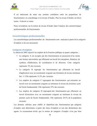 28
AOI # 04-12-UCP/BID/PPM.C.1.10
Projet d’appui à la gestion des ressources humaines du secteur public
Il est intéressant de noter une certaine corrélation entre les proportions de
fonctionnaires en concubinage et le niveau d’études. Plus le niveau d’études est élevé
moins il choisit ce statut.
Nous reviendrons sur la notion de niveau d’études dans l’analyse des caractéristiques
professionnelles du fonctionnaire.
Caractéristiques professionnelles
Les caractéristiques professionnelles du fonctionnaire sont analysées à partir de la catégorie
d’emplois et de son ancienneté.
Catégorie d’emplois
Le décret de 2005 répartit les emplois de la Fonction publique en quatre catégories :
• La catégorie A est occupée par des fonctionnaires en possession d’au moins
une licence universitaire qui effectuent un travail de conception, d'analyse, de
synthèse, d'élaboration, de coordination et de direction. Cette catégorie
représente 5% des recensés.
• La catégorie B regroupe les fonctionnaires qui effectuent un travail
d'application avec un recrutement exigeant une formation de niveau minimum
bac +3. Elle représente 11.5% des recensés.
• Les emplois de catégorie C regroupent des fonctionnaires qui exécutent un
travail avec un recrutement exigeant au minimum le niveau du troisième cycle
de l'école fondamentale. Elle représente 55% des recensés.
• Les emplois de catégorie D regroupent des fonctionnaires qui effectuent un
travail d'exécution avec un recrutement exigeant au minimum le niveau du
premier cycle de l'école fondamentale. Elle représente 28.5% de la population
recensée.
Les données utilisées pour établir la répartition des fonctionnaires par catégorie
d’emploi sont déterminées à partir des titres d’emplois et non des déclarations des
agents. Le recensement révèle que la notion de catégorie d’emploi n’est pas bien
 