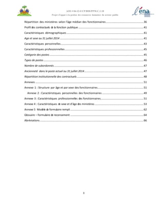 3
AOI # 04-12-UCP/BID/PPM.C.1.10
Projet d’appui à la gestion des ressources humaines du secteur public
Répartition des ministères selon l’âge médian des fonctionnaires...................................................36
Profil des contractuels de la Fonction publique ........................................................................................41
Caractéristiques démographiques ........................................................................................................41
Age et sexe au 31 juillet 2014 .................................................................................................................41
Caractéristiques personnelles................................................................................................................43
Caractéristiques professionnelles ..........................................................................................................45
Catégorie des postes...............................................................................................................................45
Types de postes.......................................................................................................................................46
Nombre de subordonnés.........................................................................................................................47
Ancienneté dans le poste actuel au 31 juillet 2014................................................................................47
Répartition institutionnelle des contractuels..........................................................................................48
Annexes ..................................................................................................................................................51
Annexe 1 : Structure par âge et par sexe des fonctionnaires..............................................................51
Annexe 2 : Caractéristiques personnelles des fonctionnaires ........................................................49
Annexe 3 : Caractéristiques professionnelles des fonctionnaires..........................................................51
Annexe 4 : Caractéristiques de sexe et d’âge des ministères ..................................................................53
Annexe 5 Modèle de formulaire rempli...................................................................................................62
Glossaire – Formulaire de recensement ...................................................................................................64
Abréviations ............................................................................................................................................66
 