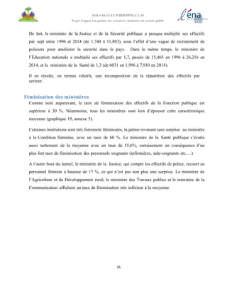 35
AOI # 04-12-UCP/BID/PPM.C.1.10
Projet d’appui à la gestion des ressources humaines du secteur public
De fait, le ministère de la Justice et de la Sécurité publique a presque multiplié ses effectifs
par sept entre 1996 et 2014 (de 1,744 à 11,803), sous l’effet d’une vague de recrutement de
policiers pour améliorer la sécurité dans le pays. Dans le même temps, le ministère de
l’Éducation nationale a multiplié ses effectifs par 1,7, passés de 15,465 en 1996 à 26,216 en
2014, et le ministère de la Santé de 1,3 (de 6031 en 1,996 à 7,910 en 2014).
Il en résulte, en termes relatifs, une recomposition de la répartition des effectifs par
secteur.
Féminisation des ministères
Comme noté auparavant, le taux de féminisation des effectifs de la Fonction publique est
supérieur à 30 %. Néanmoins, tous les ministères sont loin d’épouser cette caractéristique
moyenne (graphique 19, annexe 5).
Certaines institutions sont très fortement féminisées, la palme revenant sans surprise au ministère
à la Condition féminine, avec un taux de 60 %. Le ministère de la Santé publique s’écarte
aussi nettement de la moyenne avec un taux de 55,6%, certainement en conséquence d’un
plus fort taux de féminisation des personnels soignants (infirmières, aide-soignants etc.…).
A l’autre bout du tunnel, le ministère de la Justice, qui compte les effectifs de police, recourt au
personnel féminin à hauteur de 17 %, ce qui n’est pas non plus une surprise. Le ministère de
l’Agriculture et du Développement rural, le ministère des Travaux publics et le ministère de la
Communication affichent un taux de féminisation très inférieur à la moyenne.
 