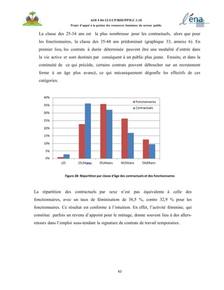 42
AOI # 04-12-UCP/BID/PPM.C.1.10
Projet d’appui à la gestion des ressources humaines du secteur public
La classe des 25-34 ans est la plus nombreuse pour les contractuels, alors que pour
les fonctionnaires, la classe des 35-44 ans prédominait (graphique 33, annexe 6). En
premier lieu, les contrats à durée déterminée peuvent être une modalité d’entrée dans
la vie active et sont destinés par conséquent à un public plus jeune. Ensuite, et dans la
continuité de ce qui précède, certains contrats peuvent déboucher sur un recrutement
ferme à un âge plus avancé, ce qui mécaniquement dégonfle les effectifs de ces
catégories.
Figure 28: Répartition par classe d'âge des contractuels et des fonctionnaires
La répartition des contractuels par sexe n’est pas équivalente à celle des
fonctionnaires, avec un taux de féminisation de 36,5 %, contre 32,9 % pour les
fonctionnaires. Ce résultat est conforme à l’intuition. En effet, l’activité féminine, qui
constitue parfois un revenu d’appoint pour le ménage, donne souvent lieu à des allers-
retours dans l’emploi sous-tendant la signature de contrats de travail temporaires.
 