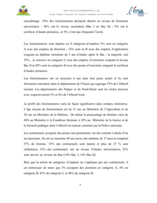 7
AOI # 04-12-UCP/BID/PPM.C.1.10
Projet d’appui à la gestion des ressources humaines du secteur public
concubinage. 29% des fonctionnaires déclarent détenir un niveau de formation
universitaire ; 46% ont le niveau secondaire (Bac I ou Bac II) ; 9% ont le
certificat d’études primaires, et 5% n’ont pas fréquenté l’école.
Les fonctionnaires sont répartis en 4 catégories d’emplois: 5% sont en catégorie
A avec des emplois de direction ; 12% sont en B avec des emplois d’application
exigeant un diplôme minimum de 3 ans d’études après le Bac ; la majorité, soit
55%, se retrouve en catégorie C avec des emplois d’exécution exigeant le niveau
Bac II et 28% sont en catégorie D avec des postes d’exécution exigeant le certificat
d’études primaires.
Les fonctionnaires ont en moyenne 6 ans dans leur poste actuel et ils sont
fortement concentrés dans le département de l’Ouest qui regroupe 55% de l’effectif
recensé. Les départements des Nippes et du Nord-Ouest sont les moins pourvus
avec respectivement 3% et 4% de l’effectif total.
Le profil des fonctionnaires varie de façon significative dans certains ministères.
L’âge moyen du fonctionnaire est de 51 ans au Ministère de l’Agriculture et de
38 ans au Ministère de la Défense. De même le pourcentage de femmes varie de
60% au Ministère à la Condition féminine à 18% au Ministère de la Justice et de
la Sécurité publique dont l’effectif est surtout constitué par la Police nationale.
Les contractuels occupent des postes non permanents sur des contrats à durée d’un
an maximum. Ils ont en moyenne 40 ans (avec une médiane de 37 ans) et comptent
37% de femmes. 55% des contractuels sont mariés et plus de 27 % sont
célibataires. 32% des contractuels ont un niveau d’études universitaires, 32%
sont arrivés au niveau du Bac (18% Bac I, 14% Bac II).
Bien que la notion de catégories d’emplois ne s’applique pas aux contractuels, il
est intéressant de noter que 3% occupent des positions en catégorie A, 8% en
catégorie B, 41% de catégorie C et 48% de catégorie D.
 