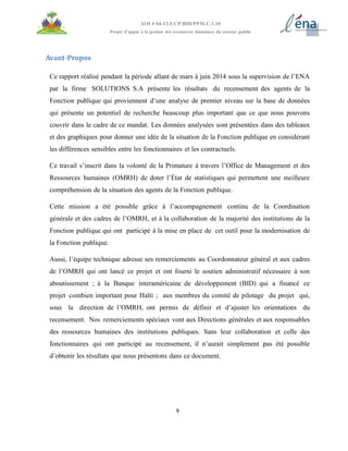 9
AOI # 04-12-UCP/BID/PPM.C.1.10
Projet d’appui à la gestion des ressources humaines du secteur public
Avant-Propos
Ce rapport réalisé pendant la période allant de mars à juin 2014 sous la supervision de l’ENA
par la firme SOLUTIONS S.A présente les résultats du recensement des agents de la
Fonction publique qui proviennent d’une analyse de premier niveau sur la base de données
qui présente un potentiel de recherche beaucoup plus important que ce que nous pouvons
couvrir dans le cadre de ce mandat. Les données analysées sont présentées dans des tableaux
et des graphiques pour donner une idée de la situation de la Fonction publique en considérant
les différences sensibles entre les fonctionnaires et les contractuels.
Ce travail s’inscrit dans la volonté de la Primature à travers l’Office de Management et des
Ressources humaines (OMRH) de doter l’État de statistiques qui permettent une meilleure
compréhension de la situation des agents de la Fonction publique.
Cette mission a été possible grâce à l’accompagnement continu de la Coordination
générale et des cadres de l’OMRH, et à la collaboration de la majorité des institutions de la
Fonction publique qui ont participé à la mise en place de cet outil pour la modernisation de
la Fonction publique.
Aussi, l’équipe technique adresse ses remerciements au Coordonnateur général et aux cadres
de l’OMRH qui ont lancé ce projet et ont fourni le soutien administratif nécessaire à son
aboutissement ; à la Banque interaméricaine de développement (BID) qui a financé ce
projet combien important pour Haïti ; aux membres du comité de pilotage du projet qui,
sous la direction de l’OMRH, ont permis de définir et d’ajuster les orientations du
recensement. Nos remerciements spéciaux vont aux Directions générales et aux responsables
des ressources humaines des institutions publiques. Sans leur collaboration et celle des
fonctionnaires qui ont participé au recensement, il n’aurait simplement pas été possible
d’obtenir les résultats que nous présentons dans ce document.
 