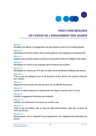 FRANCE STRATÉGIE 27 JUIN 2015
www.strategie.gouv.fr
VINGT-CINQ MESURES
EN FAVEUR DE L’ENGAGEMENT DES JEUNES
Mesure 1
Socialiser les élèves à l’engagement via des projets au service de l’intérêt général.
Mesure 2
Généraliser le tutorat scolaire dès le lycée (général, technologique et professionnel).
Mesure 3
Instaurer des journées portes ouvertes aux associations dans les collèges et les lycées.
Mesure 4
Développer la culture et les pratiques démocratiques des lycéens.
Mesure 5
Développer le recours aux TIC dans le cadre de la socialisation politique des jeunes.
Mesure 6
Tirer au sort les délégués pour la vie lycéenne et leur donner les moyens d’assurer
leur mission.
Mesure 7
Rapprocher les bureaux de vote des lieux de vie effectifs des jeunes.
Mesure 8
Lancer un débat national sur l’abaissement de l’âge du droit de vote à 16 ans.
Mesure 9
Faciliter l’engagement bénévole des étudiants.
Mesure 10
Instituer une cérémonie à l’occasion du premier vote.
Mesure 11
Créer le prix du meilleur site ou blog de veille démocratique, géré par un jeune de
moins de 25 ans.
Mesure 12
Récompenser, par un dispositif d’accompagnement, les engagements bénévoles des
jeunes.
 