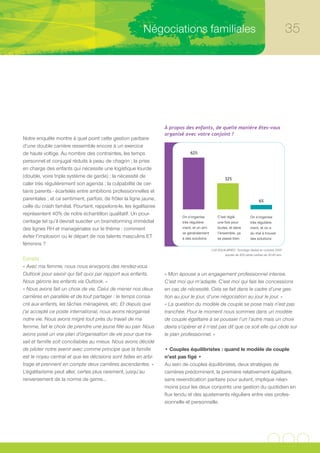 Négociations familiales                                                                 35




                                                                   À propos des enfants, de quelle manière êtes-vous
                                                                   organisé avec votre conjoint ?
Notre enquête montre à quel point cette gestion paritaire
d’une double carrière ressemble encore à un exercice
de haute voltige. Au nombre des contraintes, les temps                          62%
personnel et conjugal réduits à peau de chagrin ; la prise
en charge des enfants qui nécessite une logistique lourde
(double, voire triple système de garde) ; la nécessité de                                               32%
caler très régulièrement son agenda ; la culpabilité de cer-
tains parents - écartelés entre ambitions professionnelles et
parentales ; et ce sentiment, parfois, de frôler la ligne jaune,                                                               6%
celle du crash familial. Pourtant, rappelons-le, les égalitaires
représentent 40% de notre échantillon qualitatif. Un pour-
                                                                           On s’organise           C’est réglé           On s’organise
centage tel qu’il devrait susciter un brainstorming immédiat               très régulière-         une fois pour         très régulière-
des lignes RH et managériales sur le thème : comment                       ment, et on arri-       toutes, et dans       ment, et on a
                                                                           ve généralement         l’ensemble, ça        du mal à trouver
éviter l’implosion ou le départ de nos talents masculins ET                à des solutions         se passe bien         des solutions
féminins ?
                                                                                               LH2 EQUILIBRES - Sondage réalisé en octobre 2007
                                                                                                       auprès de 400 pères cadres de 30-40 ans.
Extraits :
« Avec ma femme, nous nous envoyons des rendez-vous
Outlook pour savoir qui fait quoi par rapport aux enfants.         « Mon épouse a un engagement professionnel intense.
Nous gérons les enfants via Outlook. »                             C’est moi qui m’adapte. C’est moi qui fais les concessions
« Nous avons fait un choix de vie. Celui de mener nos deux         en cas de nécessité. Cela se fait dans le cadre d’une ges-
carrières en parallèle et de tout partager : le temps consa-       tion au jour le jour, d’une négociation au jour le jour. »
cré aux enfants, les tâches ménagères, etc. Et depuis que          « La question du modèle de couple se pose mais n’est pas
j’ai accepté ce poste international, nous avons réorganisé         tranchée. Pour le moment nous sommes dans un modèle
notre vie. Nous avons migré tout près du travail de ma             de couple égalitaire à se pousser l’un l’autre mais un choix
femme, fait le choix de prendre une jeune fille au pair. Nous      devra s’opérer et il n’est pas dit que ce soit elle qui cède sur
avons posé un vrai plan d’organisation de vie pour que tra-        le plan professionnel. »
vail et famille soit conciliables au mieux. Nous avons décidé
de piloter notre avenir avec comme principe que la famille         • Couples équilibristes : quand le modèle de couple
est le noyau central et que les décisions sont faites en arbi-     n’est pas figé •
trage et prennent en compte deux carrières ascendantes. »          Au sein de couples équilibristes, deux stratégies de
L’égalitarisme peut aller, certes plus rarement, jusqu’au          carrières prédominent, la première relativement égalitaire,
renversement de la norme de genre…                                 sans revendication paritaire pour autant, implique néan-
                                                                   moins pour les deux conjoints une gestion du quotidien en
                                                                   flux tendu et des ajustements réguliers entre vies profes-
                                                                   sionnelle et personnelle.
 