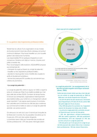 Avez-vous pris le congé paternité ?




                                                                       48%
                                                                                                                   12%
C. La gestion des trajectoires professionnelles
                                                                                      Prise du
Moderniser la culture d’une organisation et ses modes                                   congé
de fonctionnement induit des efforts colossaux et surtout
continus à déployer. Il faut aussi travailler sur une nouvelle
gestion des ressources humaines.
                                                                                     paternité
Les responsables RH et quelques dirigeants en sont
convaincus. Certains sont déjà en marche, d’autres sont
prêts à inventer vite.
Pour accompagner cette évolution, EQUILIBRES propose                                           40%
aux entreprises de :
                                                                 Le congé paternité est largement pris par les pères cadres
- s’emparer du sujet au travers du congé de paternité ;          mais il ne s’est pas encore généralisé
- travailler sur les respirations professionnelles ;
- aborder le nœud gordien de la mobilité des couples bi-                Oui, en totalité                Non
actifs et doublement ambitieux ;
                                                                                                        Oui, partiellement
- rénover les pratiques RH usuelles (du recrutement aux
critères de promotion).                                                              LH2 EQUILIBRES - Sondage réalisé en octobre 2007
                                                                                             auprès de 400 pères cadres de 30-40 ans.


•Le congé de paternité •
                                                                  Le congé de paternité : les enseignements de la
                                                                   dernière grande enquête statistique nationale
Le congé de paternité, entré en vigueur en 2002, a signé la         (Drees, 2005)
prise en compte par l’Etat d’une réalité sociétale qui n’est
                                                                     Cette dernière étude révèle que deux tiers des pè-
plus celle des années 50/60. Combien de temps faudra-
                                                                     res ont utilisé ce congé de paternité en 2003 et
t-il encore aux entreprises, organisations historiquement             2004 pour une durée moyenne de 10,8 jours.
plus traditionnelles, pour entériner un changement culturel           • Ce sont les pères les plus jeunes qui y recourent
aussi important ? Les signes avant-coureurs d’une évolu-               plus fréquemment (71% des 25-34 ans contre 58%
tion culturelle sont à chercher du côté des plus novatrices            des pères âgés de 35 ans et plus).
qui commencent à mettre en place un congé de paternité                 • Pour 85% des pères d’un premier-né, l’argument
abondé. Les autres suivront.                                           avancé est de passer du temps avec le bébé.
                                                                       • La prise du congé paternité a entraîné une per-
On retrouve ici le ratio de 2 pour 3 donné par l’enquête de            te financière pour environ 6% des pères.

la Drees (voir ci-contre). Sur la population de pères qui ne           • 22% des agriculteurs artisans-commerçants,
                                                                       49% des cadres supérieurs, 69% des professions
l’a pas pris, 55% sont des cadres dirigeants.
                                                                      intermédiaires, 81% des employés et 75% des
La première raison citée par l’ensemble des sondés est
                                                                      ouvriers ont pris le congé de paternité.
d’ordre professionnel : 37% des pères interrogés disent
                                                                      • 43% des pères qui n’ont pas pris le congé de pa-
                                                                     ternité avancent des raisons liées à leur investisse-
                                                                    ment professionnel, 18% des raisons financières.
 